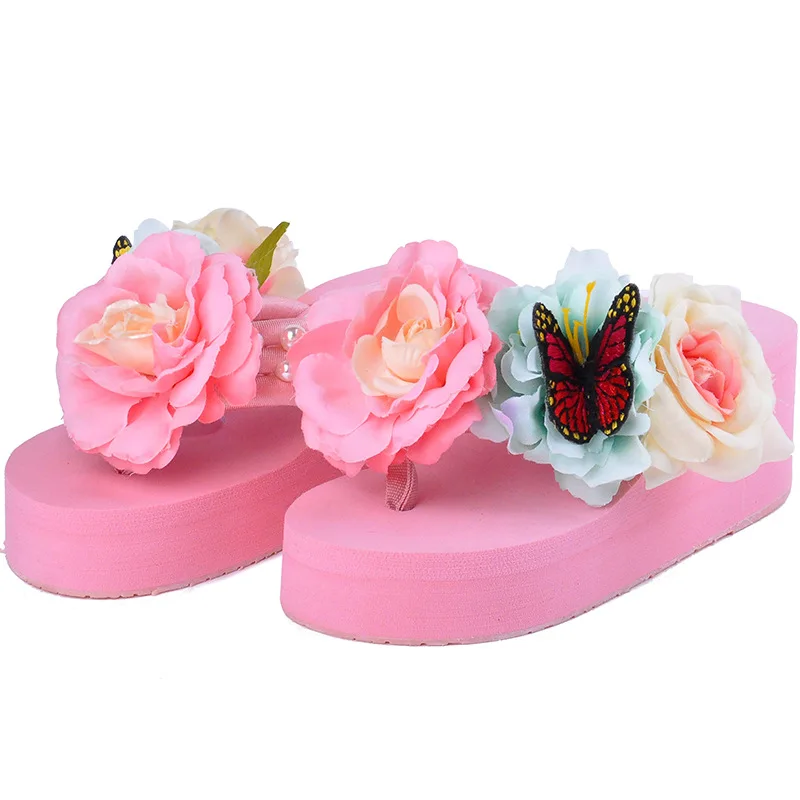 Beach Shoes Slippers Women Summer On A Wedge Platform Butterfly-Knot Flower Rubber Flip Flops Med Slides Sabot Hawaiian Flat TPR