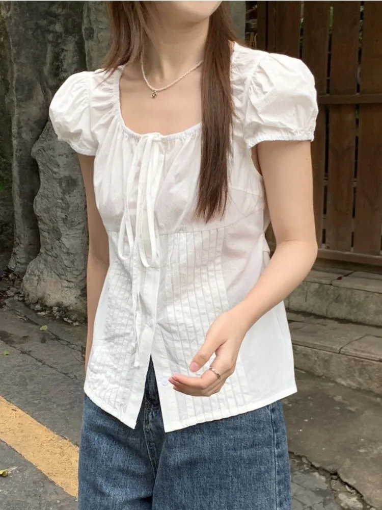 

Sweet White Bubble ort Sve Women's irt Summer New Design Ba Strap Meat Conceal Slimming Top Breathable Skin-Friendly