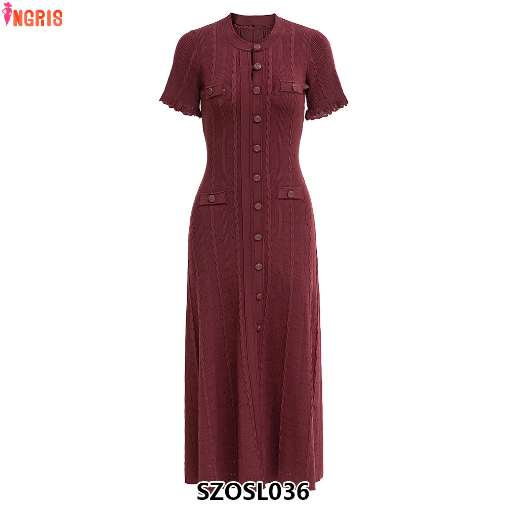 

Ladies 2025 New Arrival Elegant Style Solid O Neck Short Sleeve Ladies Knitted Slim Flared Long Skirt-SZOSL036