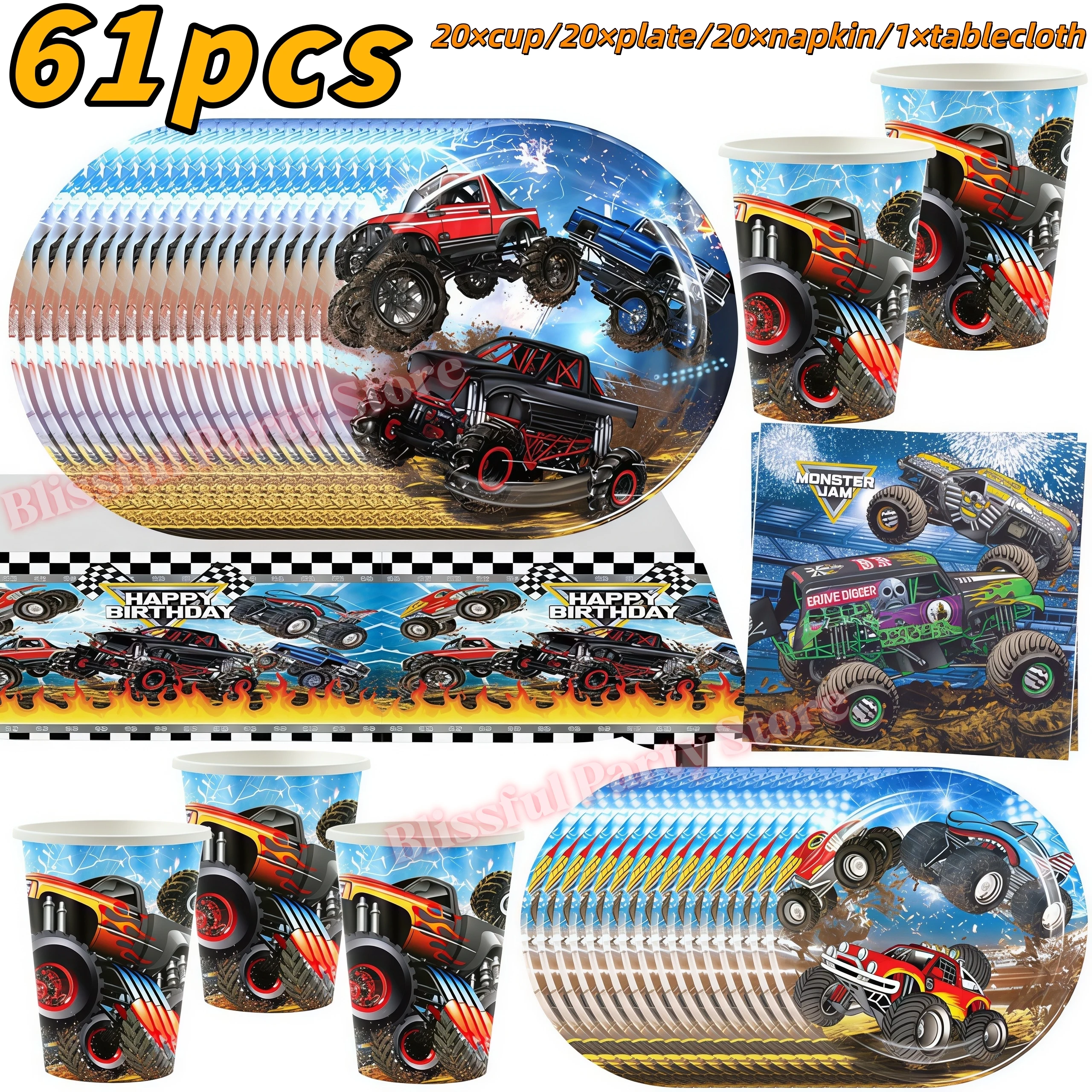 Monster Truck Party-Zubehör Jungen Rennwagen-Party-Dekorationen Teller Becher Luftballons Banner für Kinder Jungen 2. Geburtstag Party-Dekorationen – Detail 25