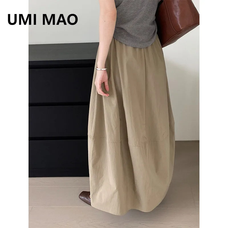 UMI MAO Midi Skirt For Women Korean Fashion Autumn Minimalism Versatile Commuting Elastic Waisted Long Skirt Femme Y2K