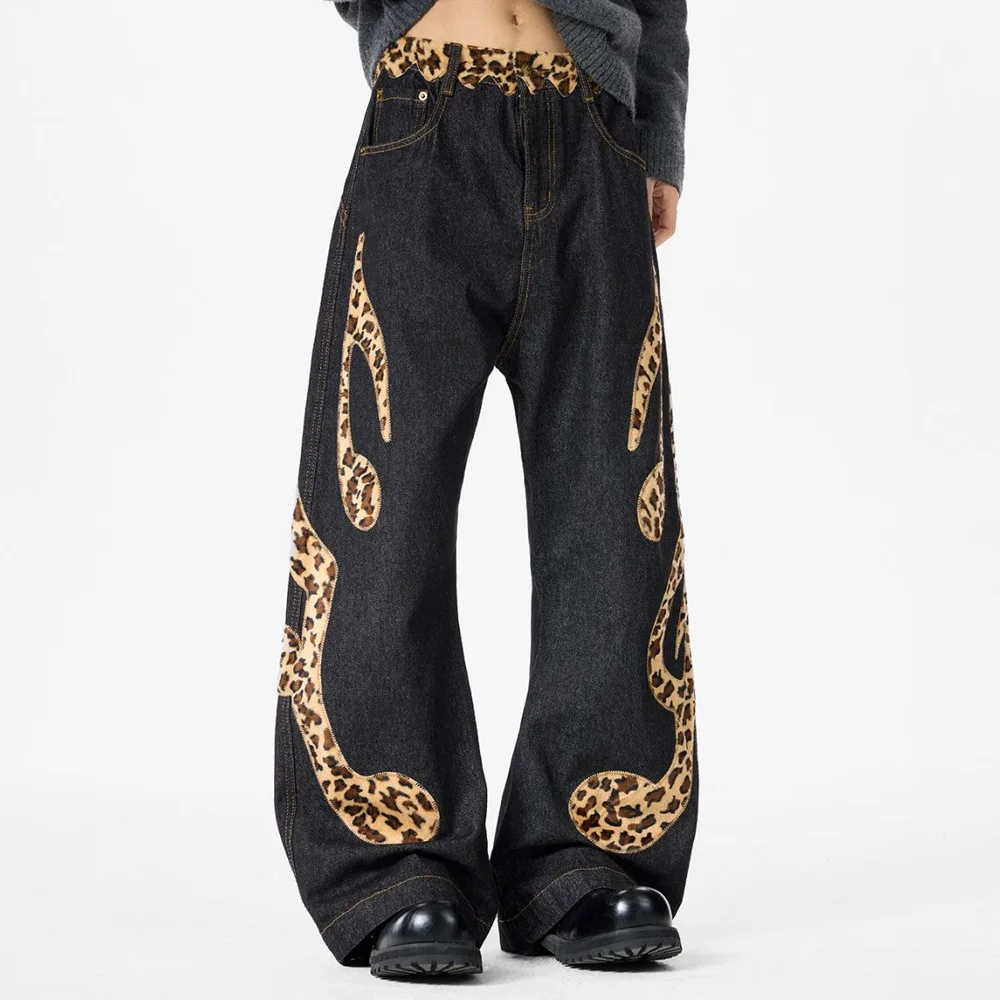 Leopard Musical Embroidery Wide Leg Jeans Men Women Streetwear Fashion Hip Hop Loose Casual Denim Baggy Pants Jeans Trousers