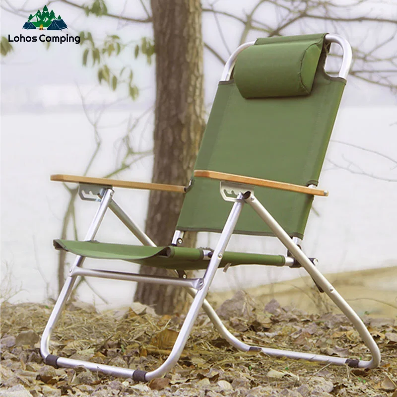 Lohascamping Outdoor Long Relaxation Camping Chair with Pillow Foldable Adjustable Desk Portable Fishing Recliner Travel Picnic