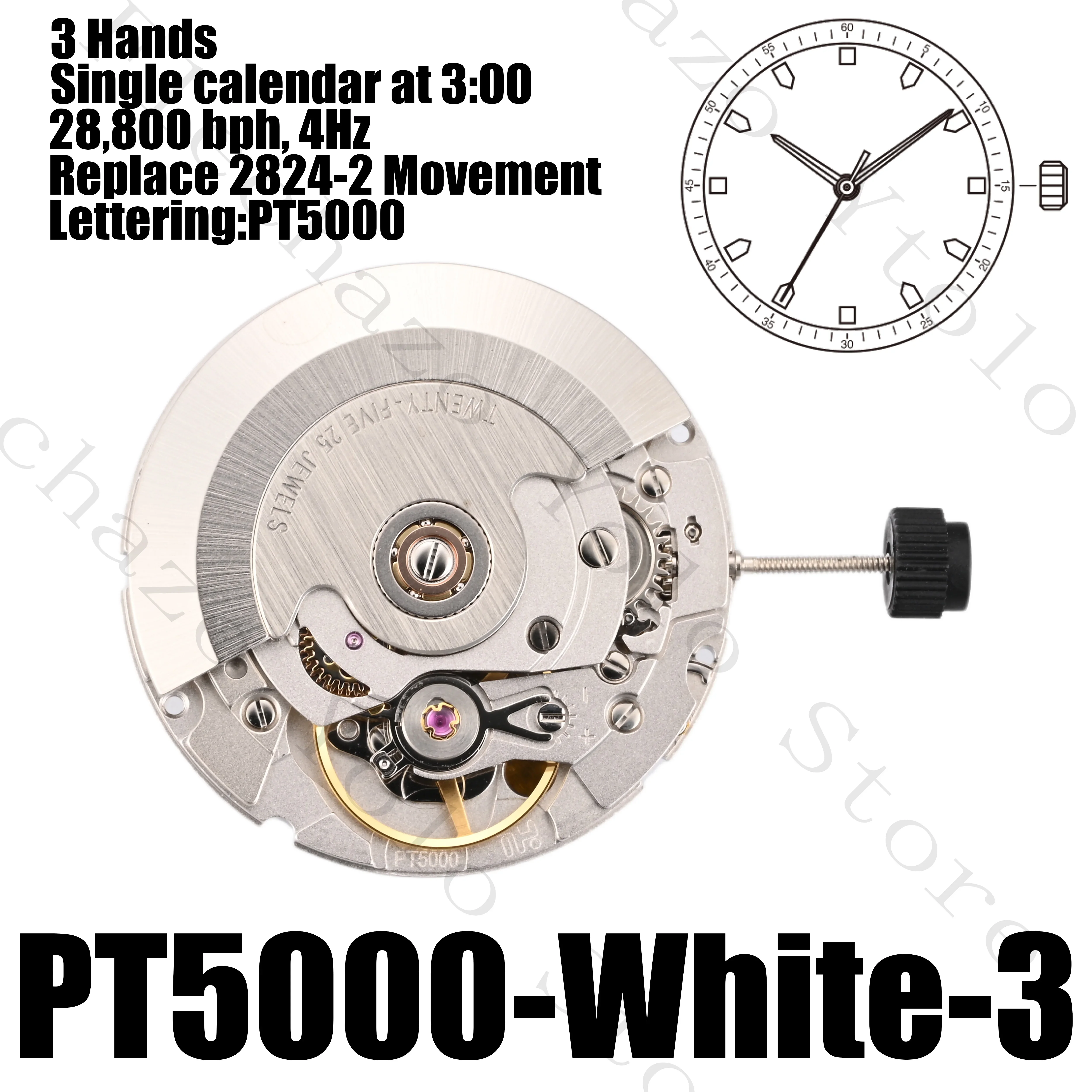 PT5000 Movement Automatic Mechanical Watch Movement 21600 Bph-28800 Bph Date Display Clone 2824 25 Jewels 25.6Mm Diameter