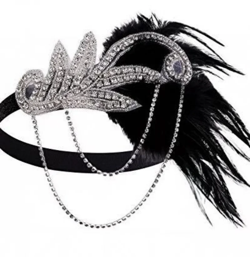 Accessori per abiti flapper anni '20 Oggetti di scena retrò per feste GATSBY CHARLESTON Fascia per capelli Collana di perle Fascia di piume bianche