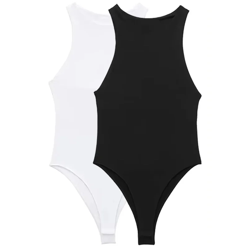 HXAO-Combinaison de batterie une pièce pour femme, corps sexy, décolleté ouvert, licou, noir, blanc, fibre, tendance, 2024