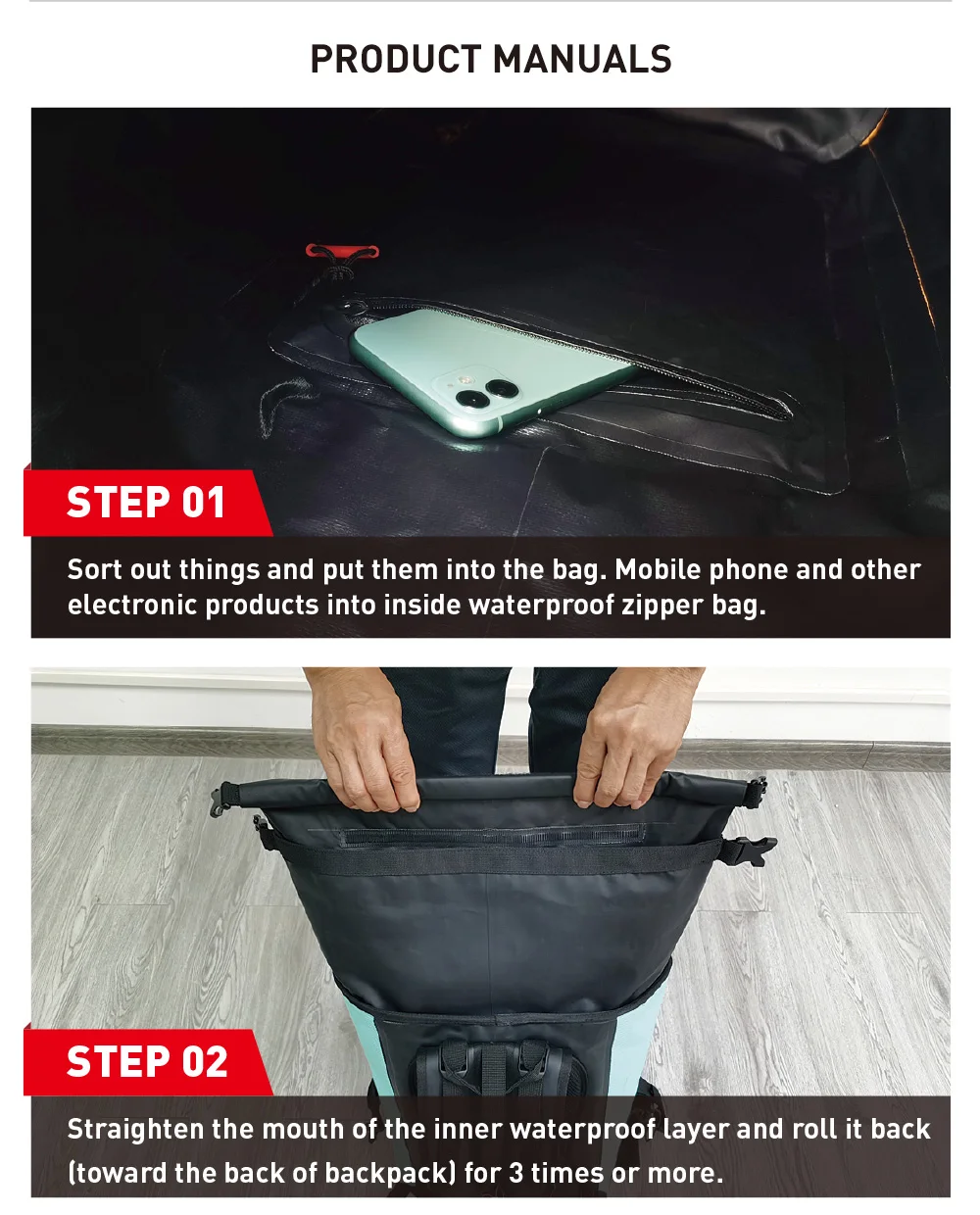 NOOYAH Waterproof Dry Bag IPX8 Roll-Top Closure Waterproof Backpack Fishing Bag Double Layer Rucksack Outdoor Sport Dry Backpack
