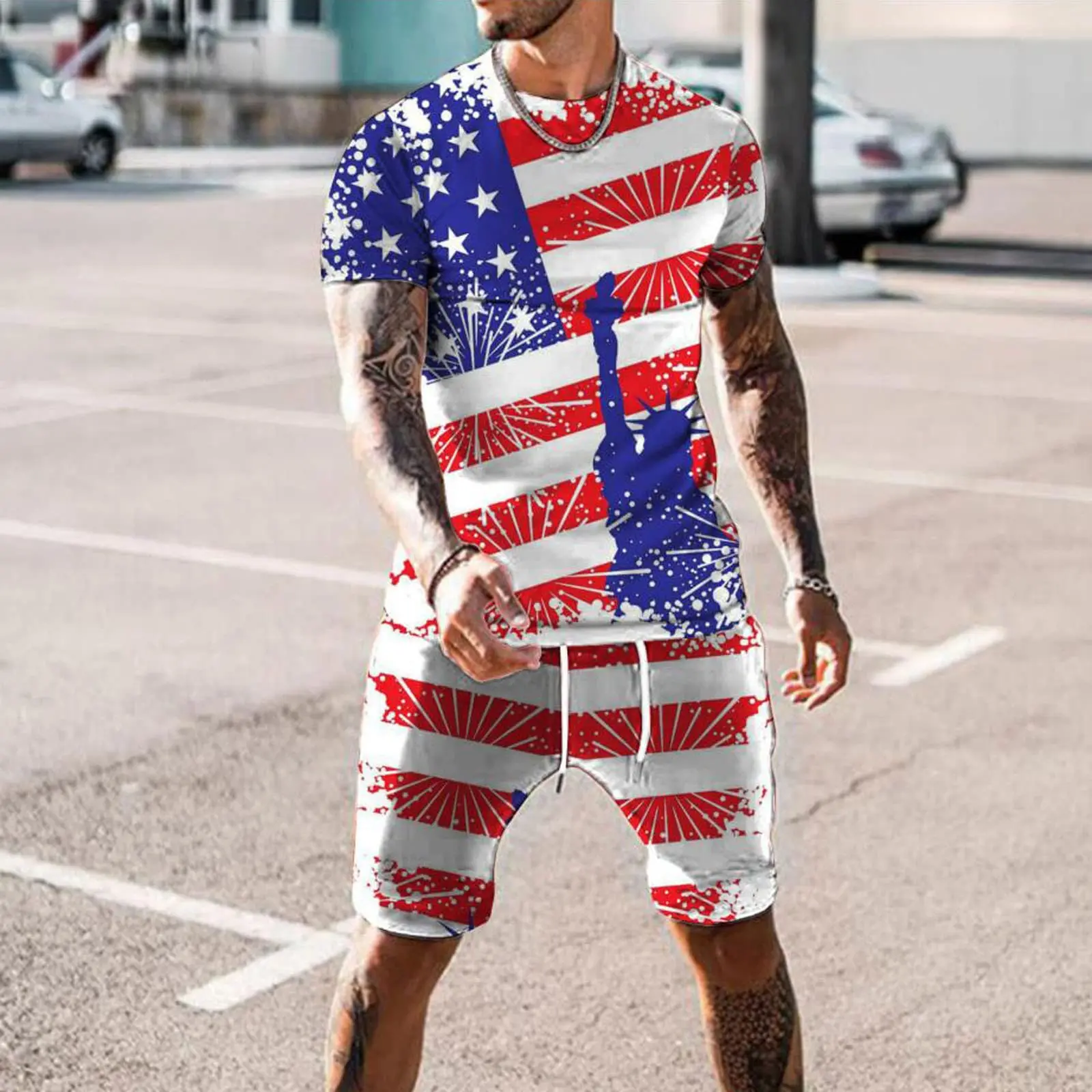 

Summer Men's American Flag T-shirts Set 3D Printed Fashion Shorts Vintage Outfit Casual Sportswear Quick Dry Comfortable Suit