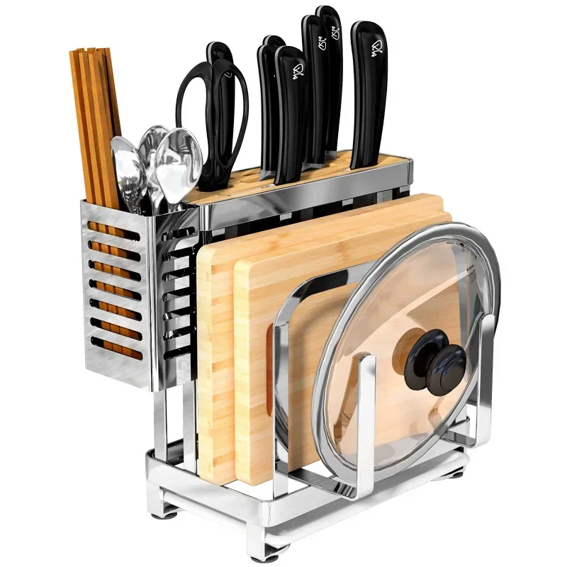 Multifunction Stainless Steel Knife Holder, Metal Kitchen Block, Chopping Board, Cutlery Organizer, Magnet Rack, Storage