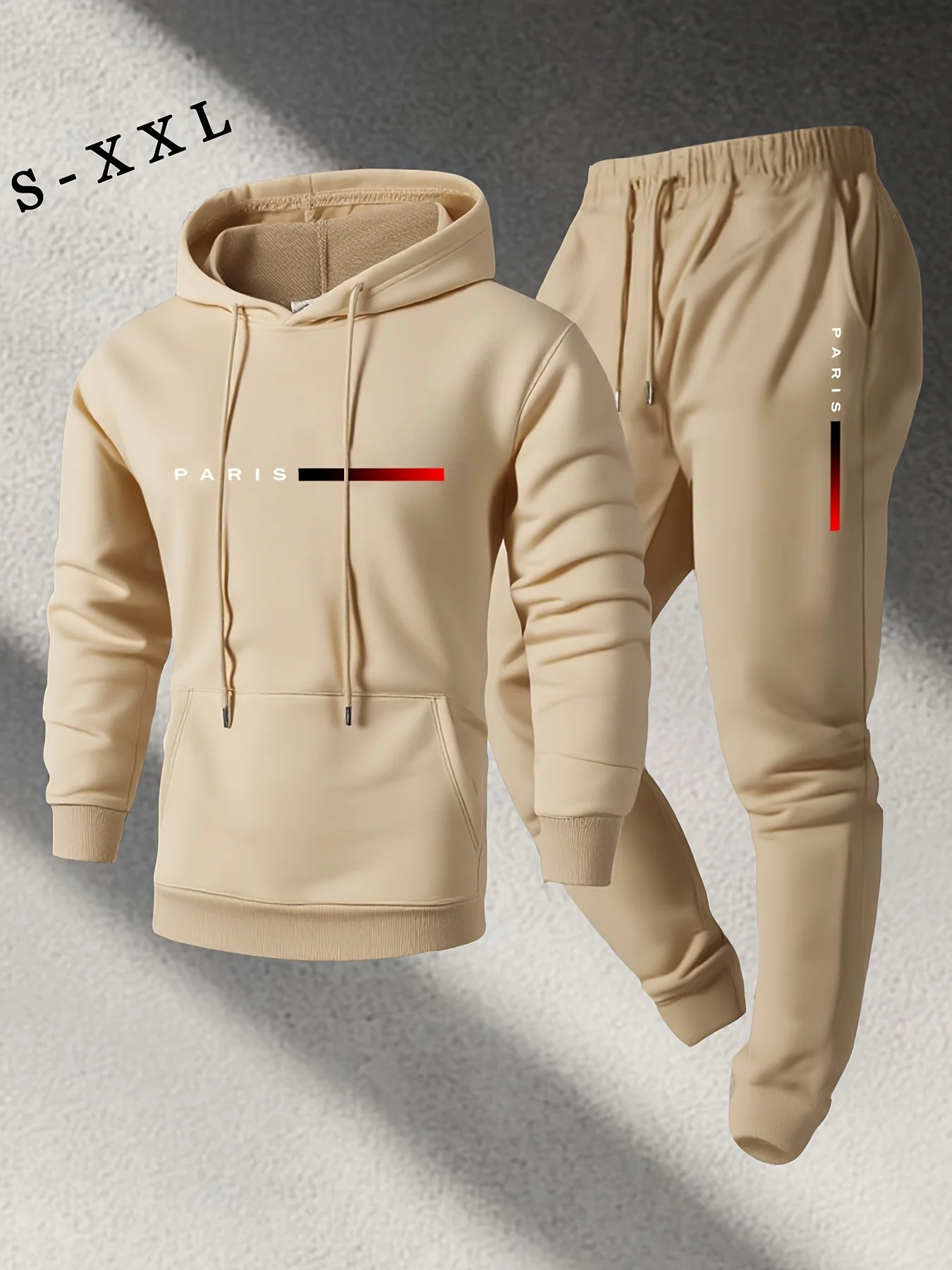 Conjunto de sudadera y pantalones con capucha de otoño para hombre con sudadera con capucha con estampado de letras de París y pantalones con parte inferior abotonada, conjunto de 2 piezas