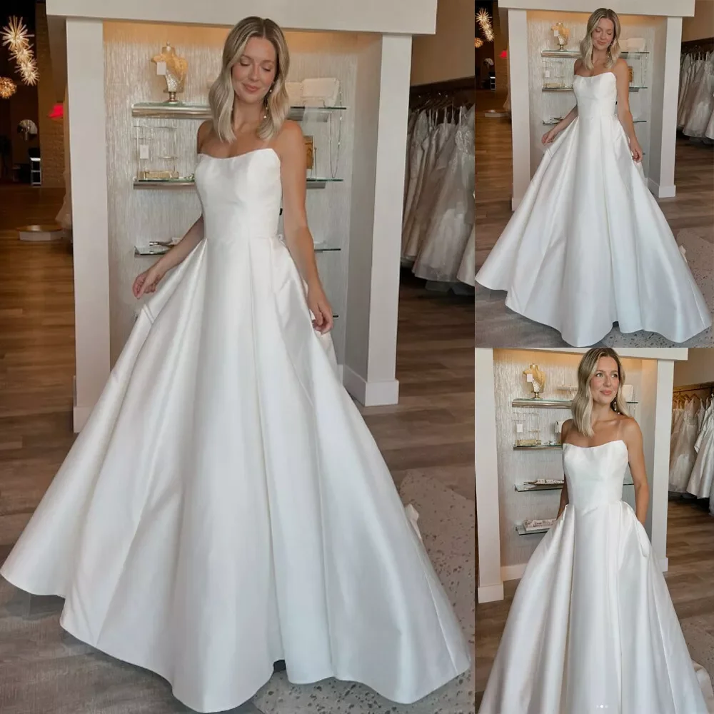 

Customized Elegant A-Line Wedding Dresses Sweetheart Floor Length Satin Bridal Gown Sleeveless Lace-up Back Vestidos De Novia