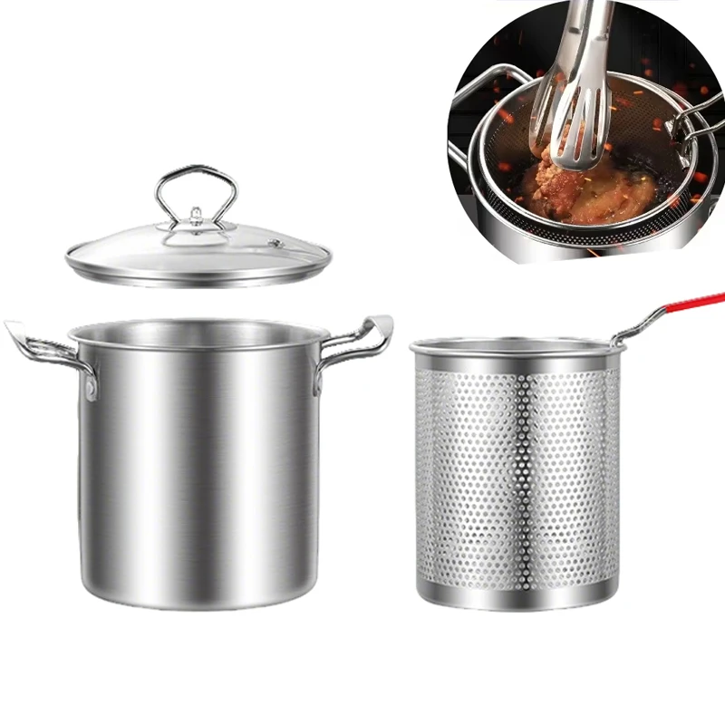 Deep Fryer Pot Stainless Steel Fry Pot with Basket and Lid Food Grade Deep Fryer Multifunctional Deep Frying Pot 3.2Quart