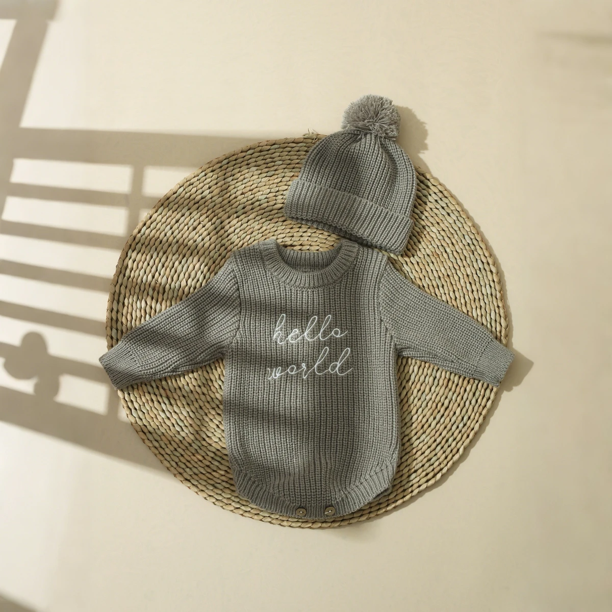 Ylsteed Hello World Knitting Newborn Photography Romper with Matching Pomp Hat Baby Boy Girl Sweater Outfits for Photo Shooting image 2
