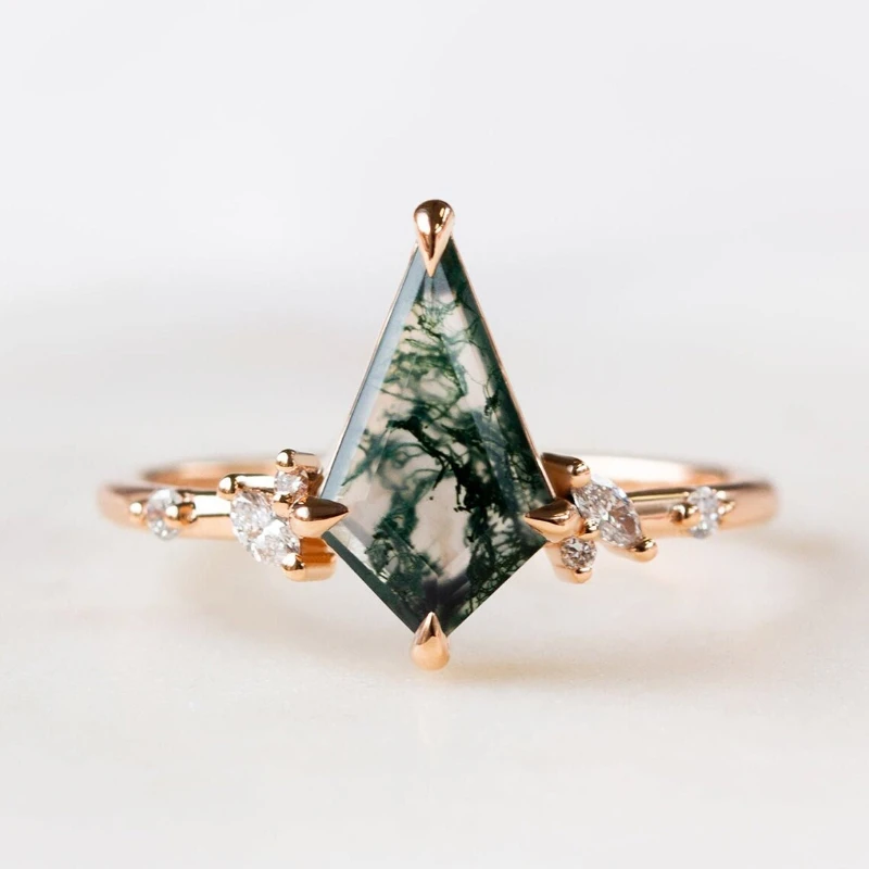 

Moss Agate 925 Silver Wedding Rings Kite Shaped Natural Green Agate Zircon Ring Elegant Lady Jewelry