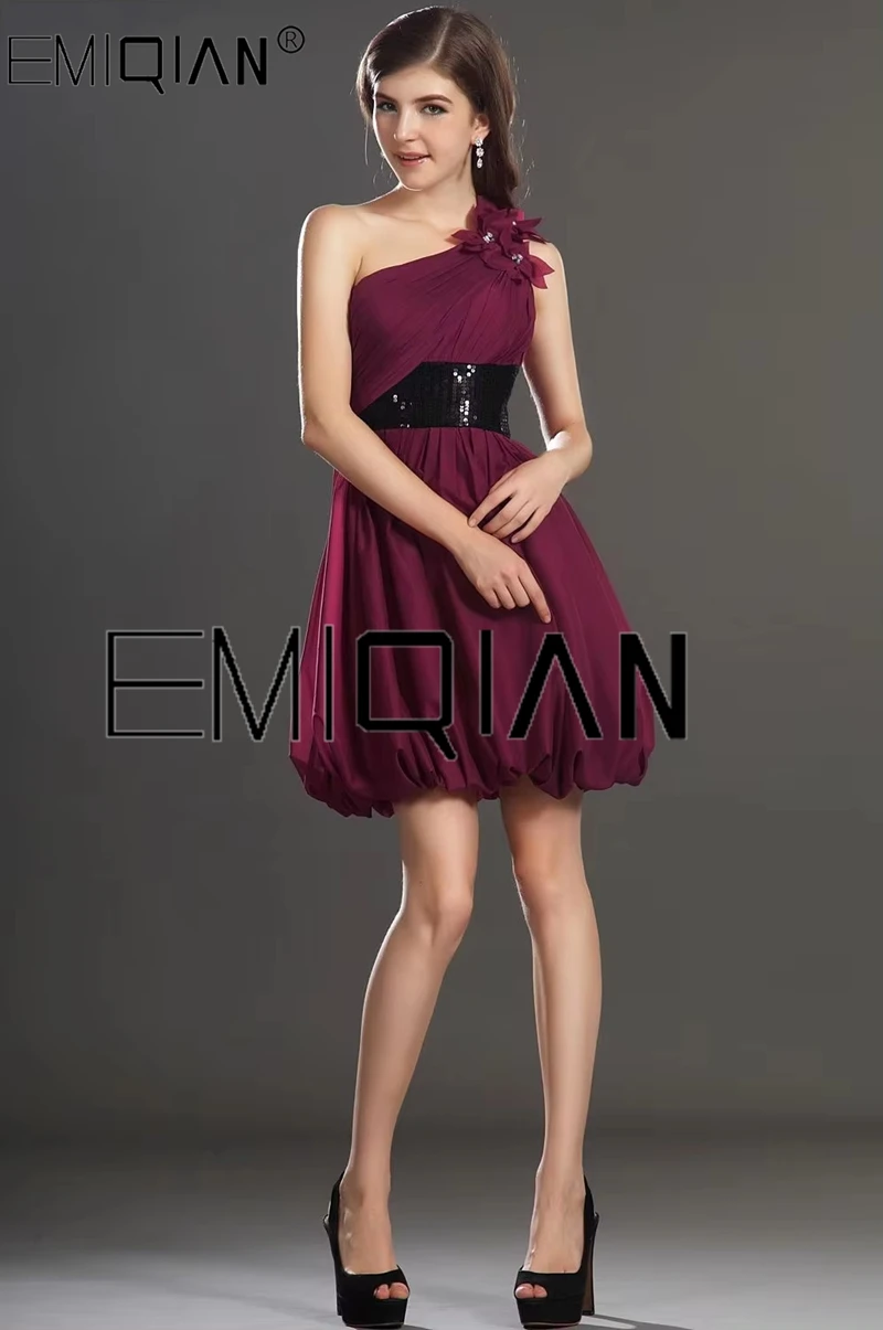 Fantastic One Shoulder Burgundy Cocktail Dress with Black Belt