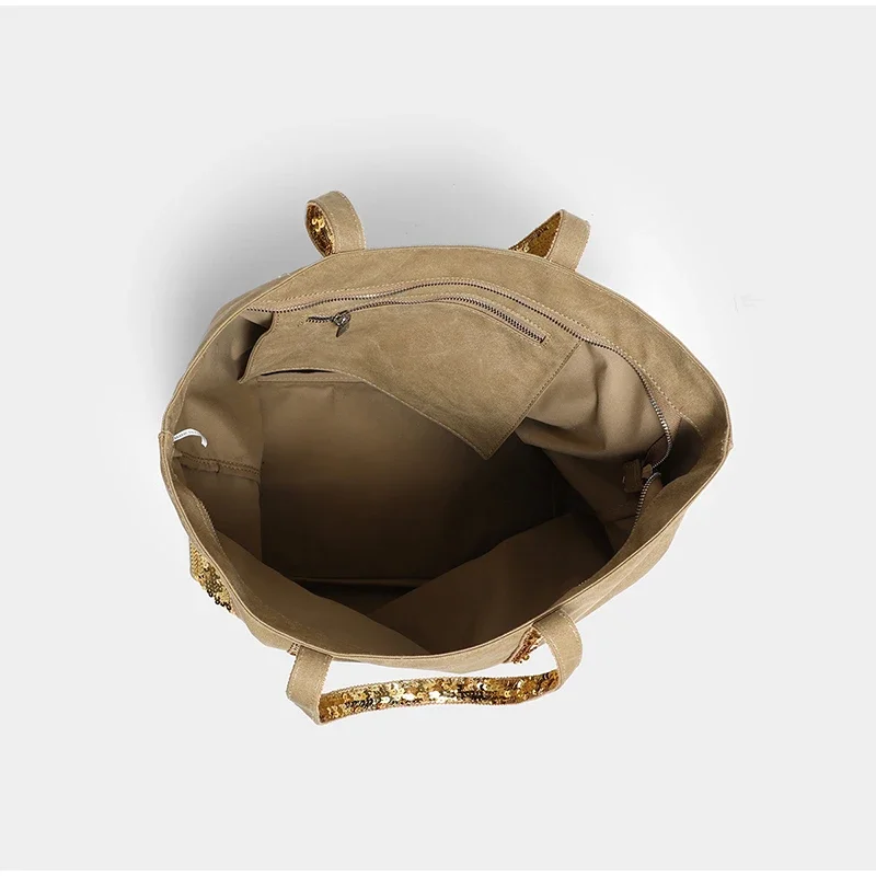 Pailletten-Canvas-Einkaufstasche mit Reißverschluss, große Kapazität, Vintage-Kontrastfarbe, Damen-Umhängetasche, Designer-Pendler-Alltagshandtasche, Schwarz – Detail 2