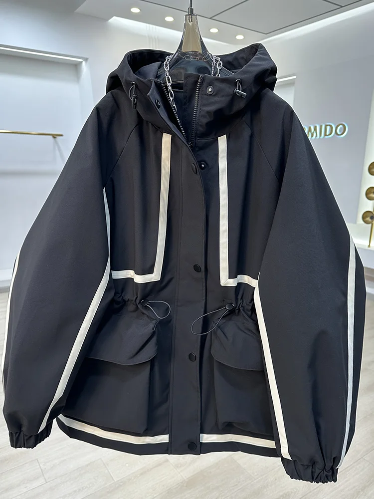 Chaqueta Corta con Capucha y Bloques de Color Es, Cortavientos Casual de Moda para Mujer con Correa, Nuevo Estilo u...