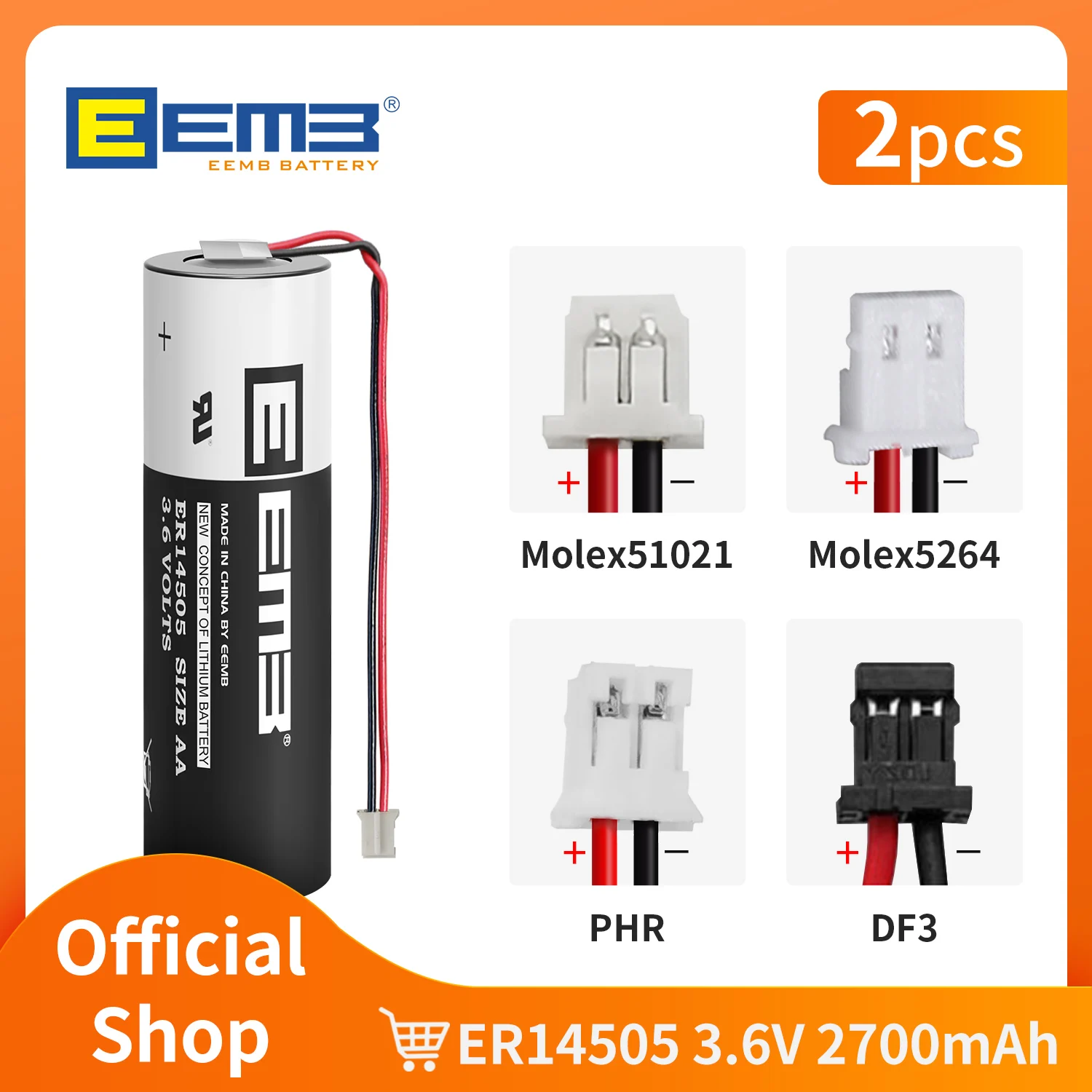 2 uds EEMB er14505 3,6 V AASize batería de litio 2700mAh batería con cables y enchufe no recargable