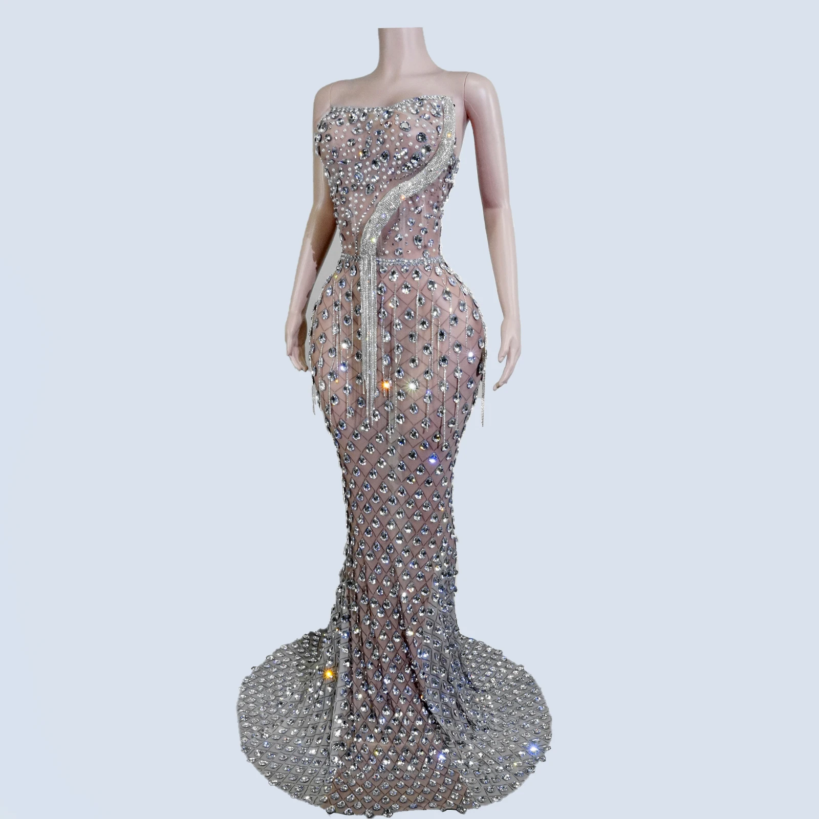 Glitzer Silber Kristall Lange Kleider Abend Party Sänger Beyonce Kostüm Look Drag Geburtstag Club Show Feiern Gogo Body Outfit