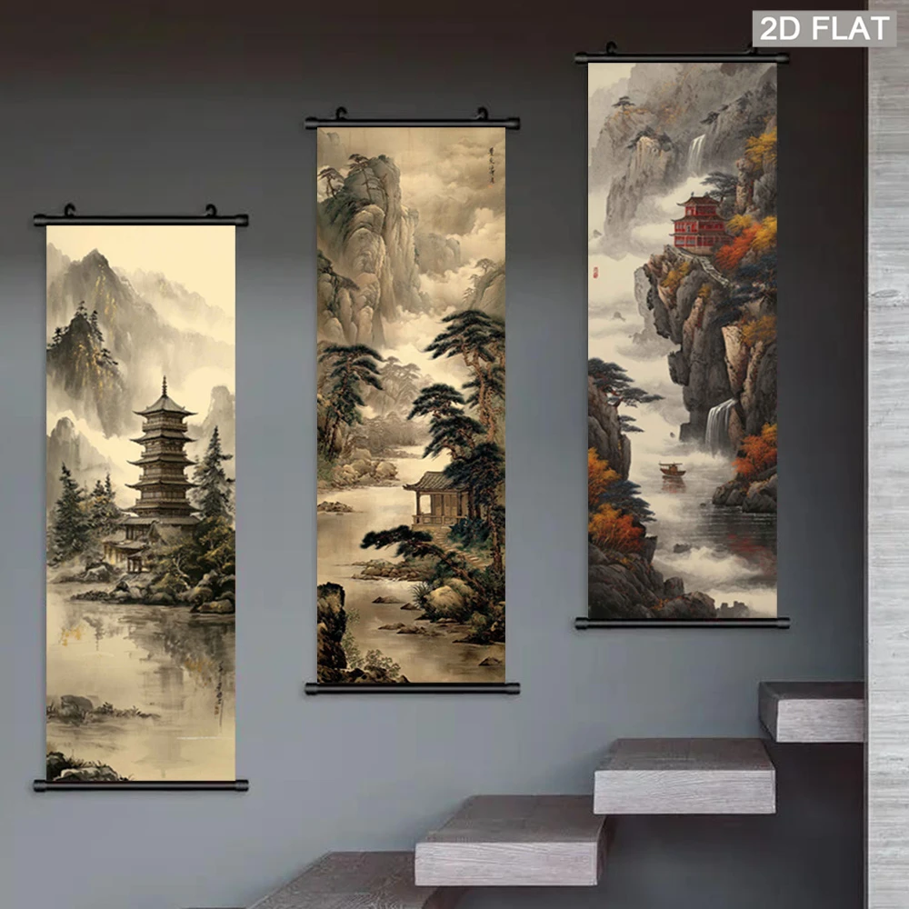 VIKAMA Chinese Style Landscape Tapestry, Retro Ink Wash Pine Cypress Pagoda, Wall Scroll Art, Oriental Home Wall Hanging Decor