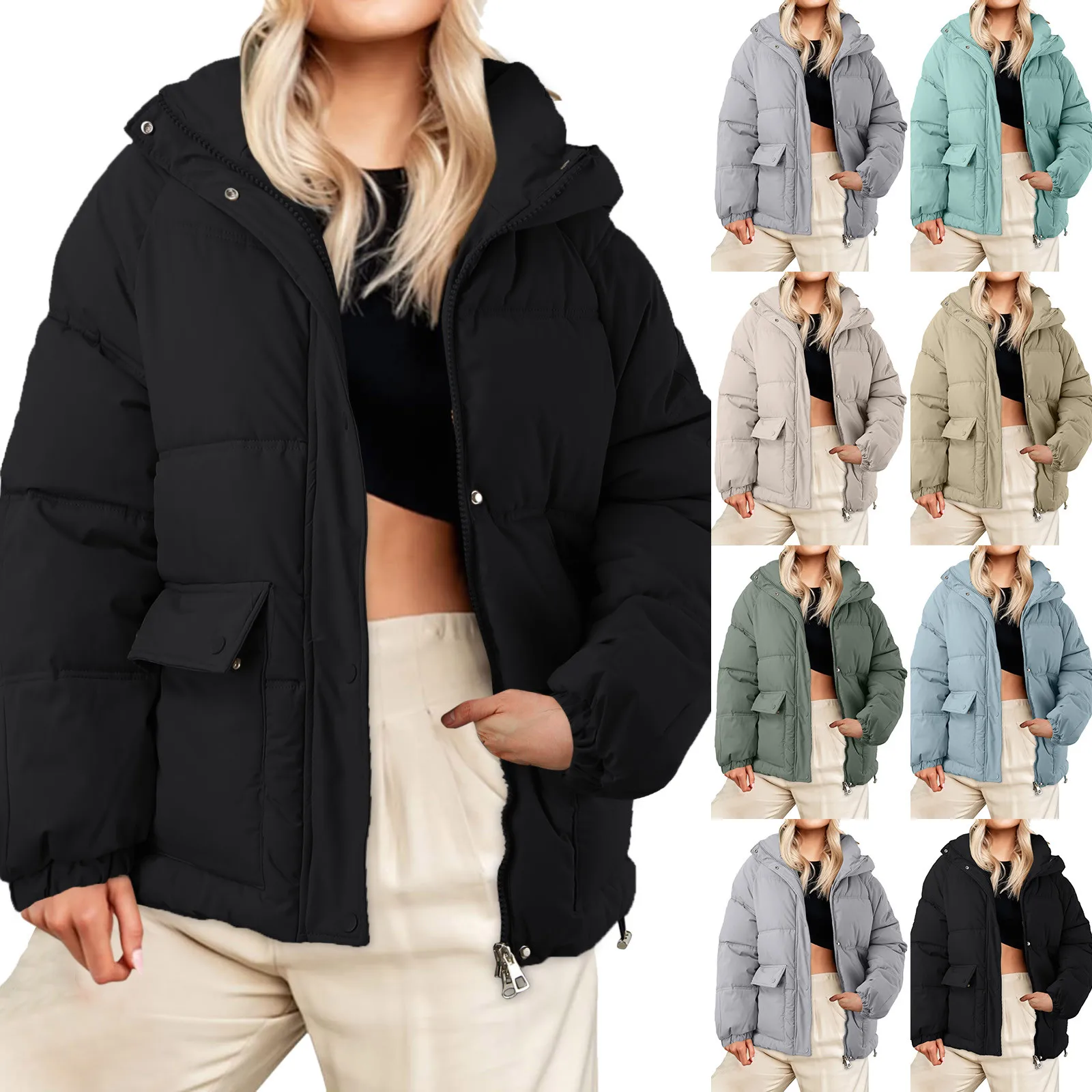 

Solid Down Jacket Women Fashion Casual Big Pockets Winter Cotton Coat Hooded Streetwear Thicken Warm Lady Outerwear