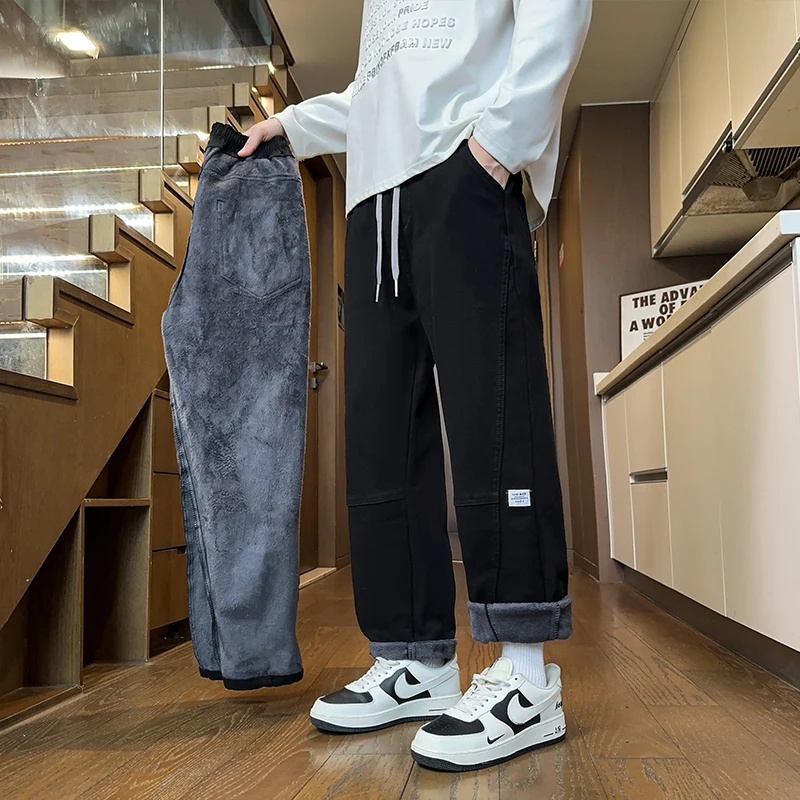 

2025 Winter New Men's Fleece Casual Pants Fashionable Straight Loose Velvet Warm Trousers Comfortable Thick Plush Male Pants