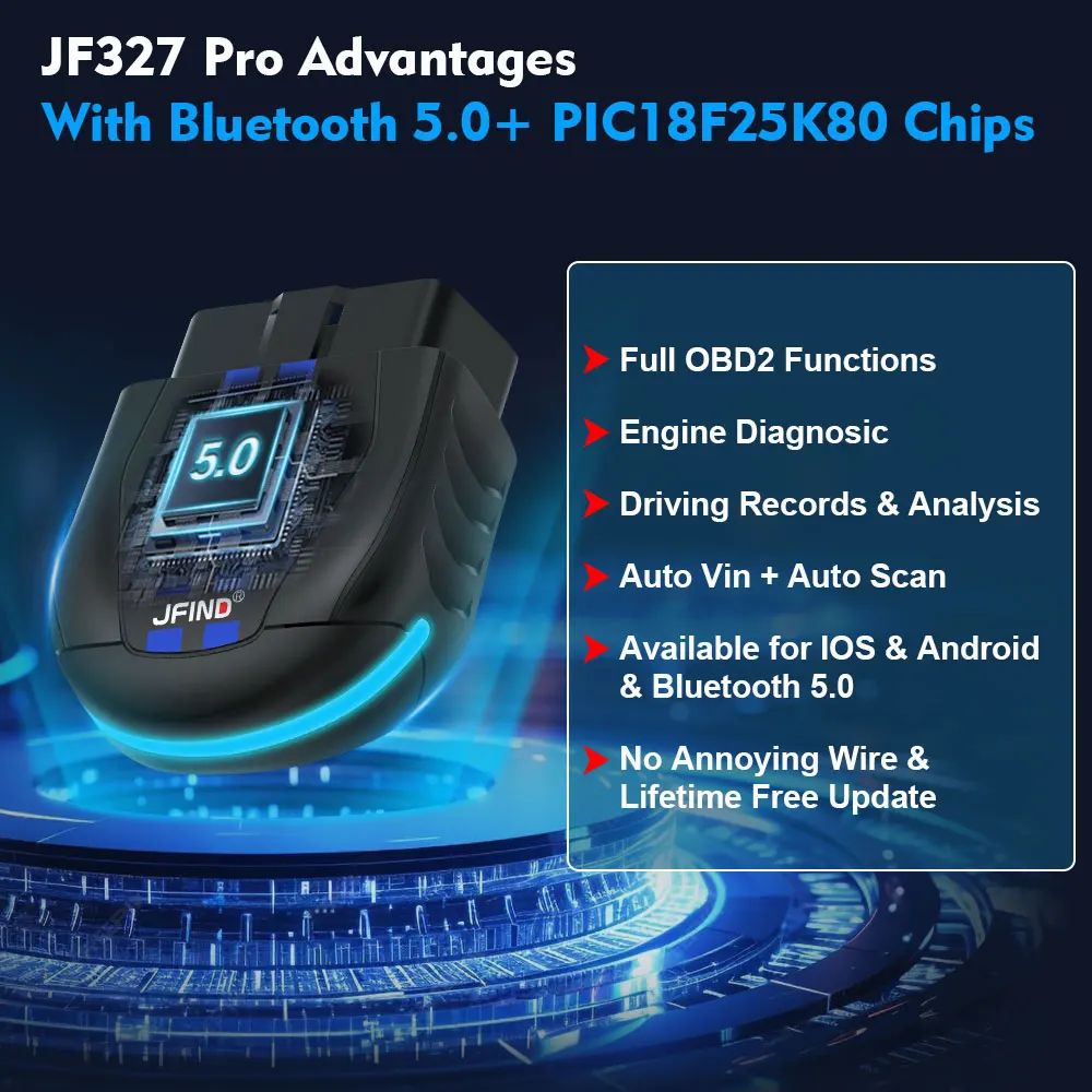 JFIND JF327 Pro OBD2 Scanner Bluetooth 5.1 PIC18F25K80 Chip untuk iOS/Android ELM327 Pembaca Kode Alat Diagnostik OBDII Pembaruan Gratis