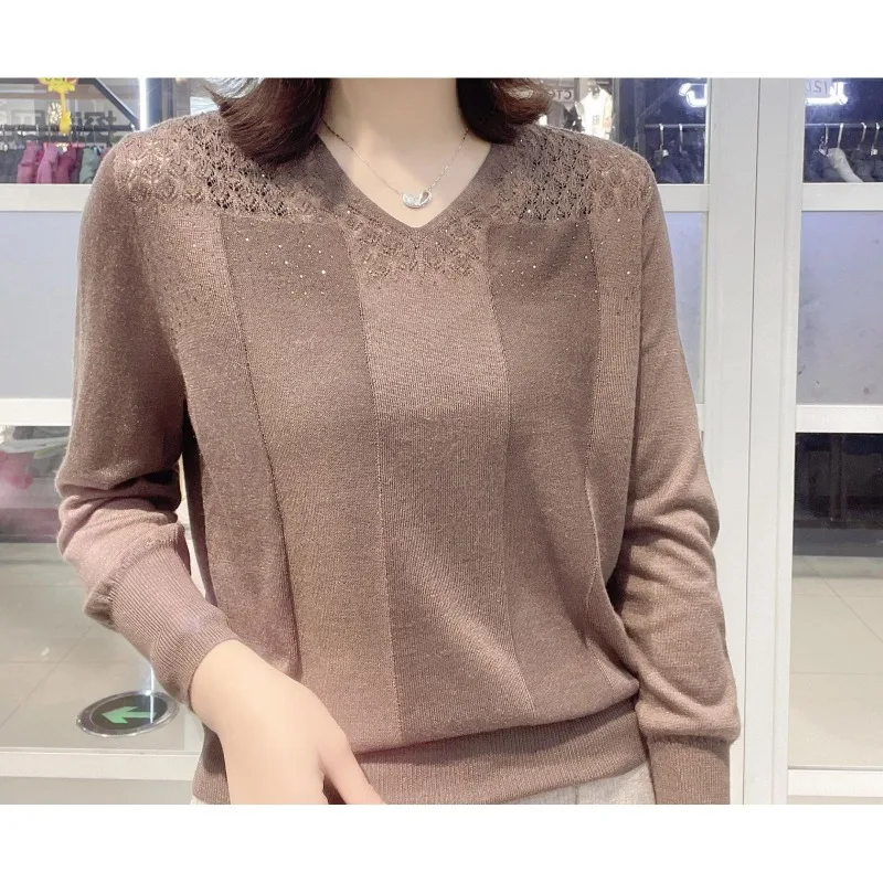 Women\'s Clothing Solid Color Pullover Long Sleeve Round Neck Sweater Knitted Elegant Casual Hollow Out Spring Autumn Tops