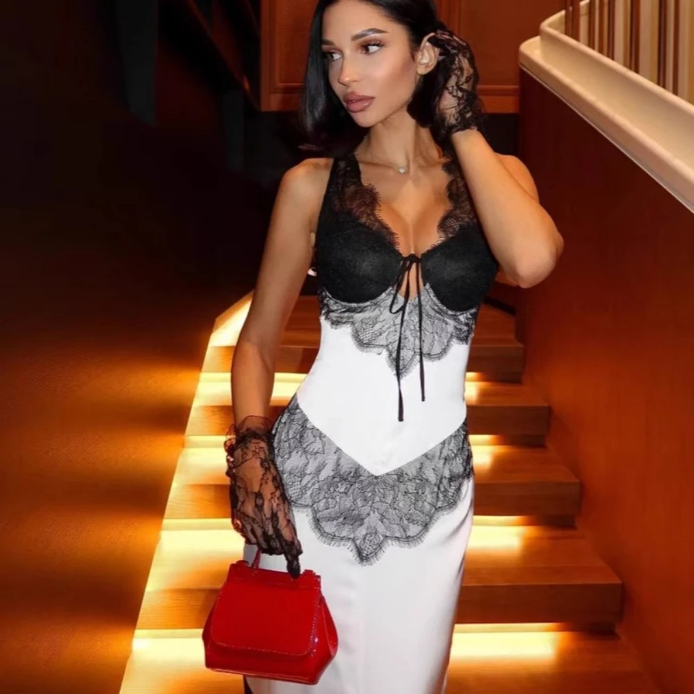 Customized V‑Neck Sleeveless Mermaid Evening Gown Women White Satin with Black Lace Patchwork Long Formal Prom Party Maxi Dress