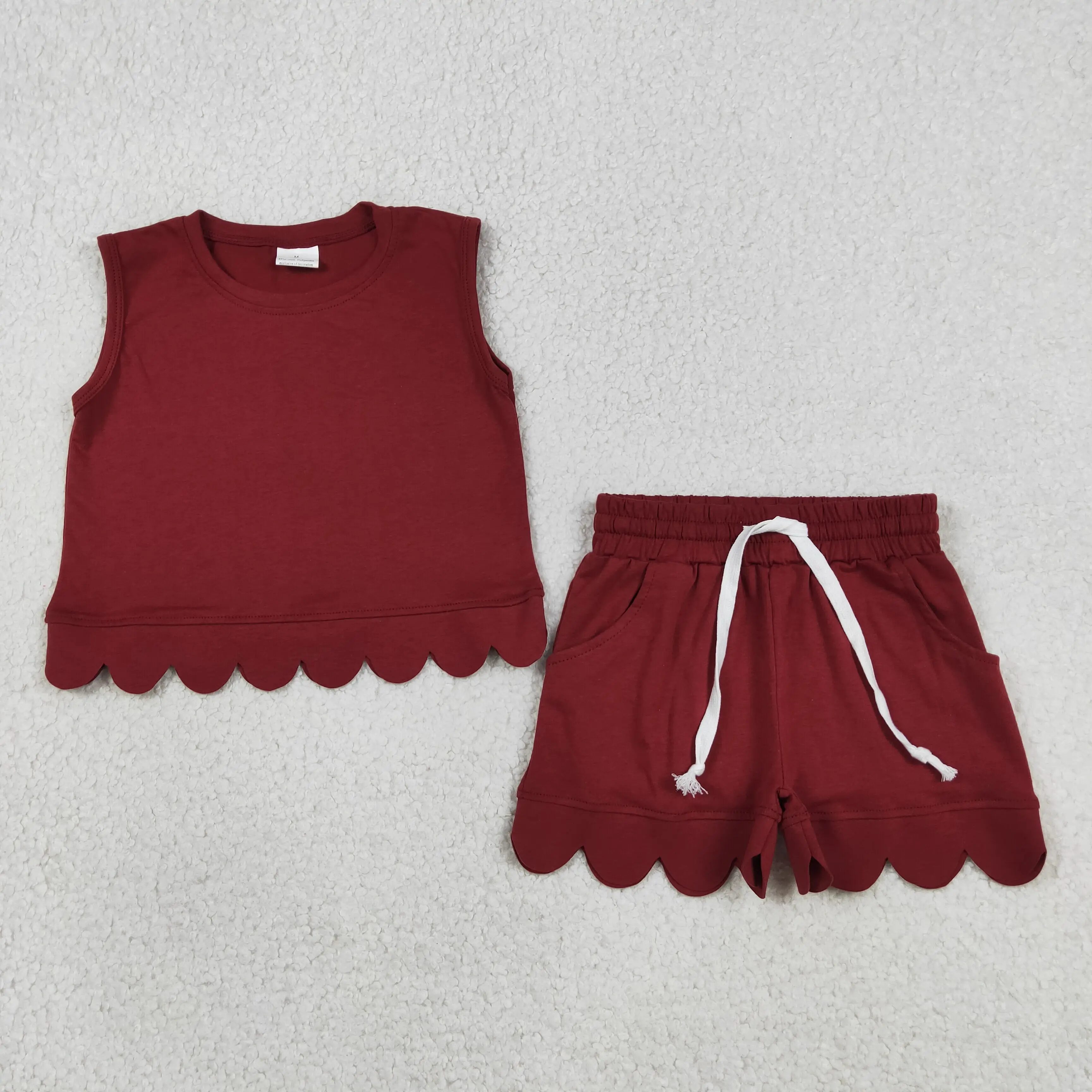 Wholesale Baby Girl Summer Set Sleeveless Dark Red Shirt Kids Girls Pockets Cotton Shorts Children Toddler Outfit Clothes