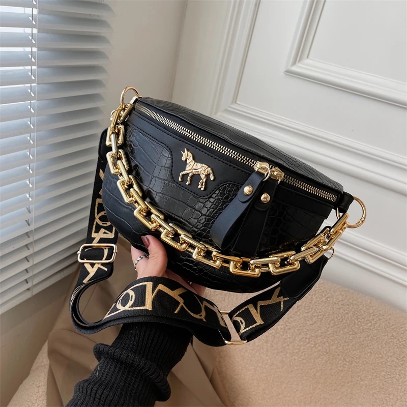 Thick Chain Women\'s Waist Bag Fanny Pack Fashion Shoulder Crossbody Chest Bags Female Belt Bag Crocodile Shoulder Bag