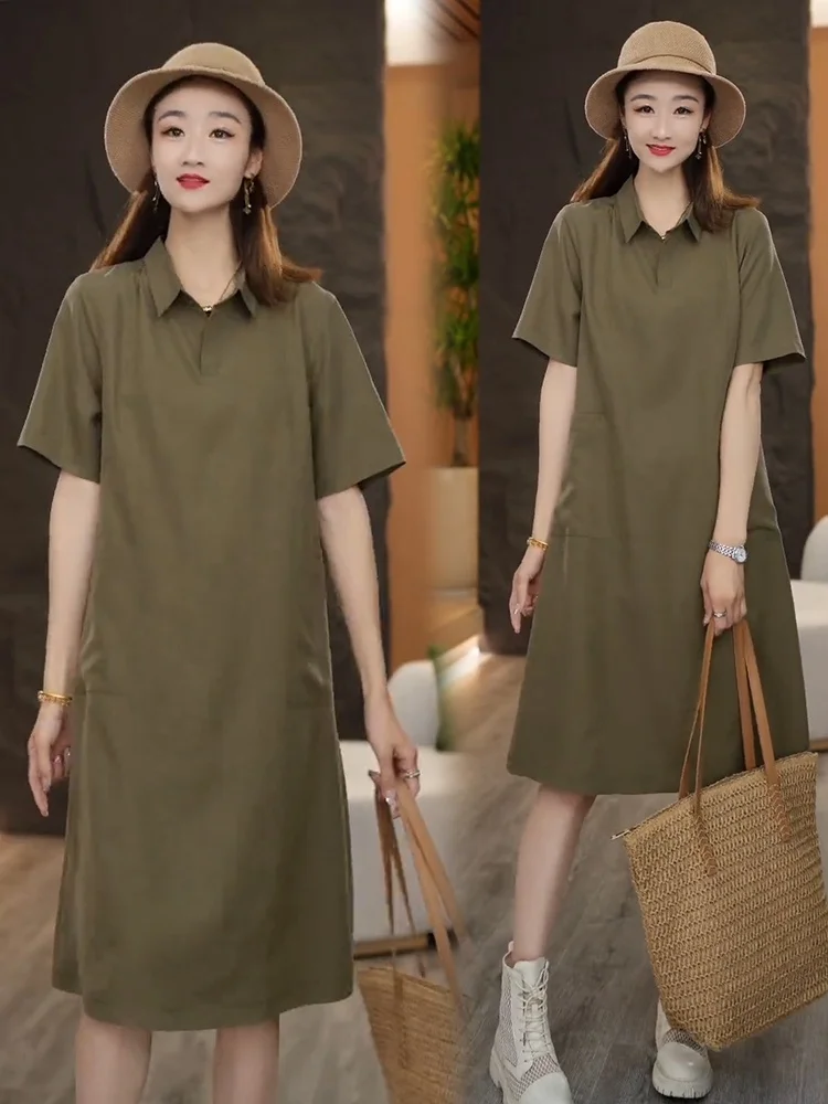 T-shirt décontracté à col de couleur Pure pour femmes, jupe ample couvrant le ventre, tendance coréenne Sle Midi Dr, nouvelle collection été