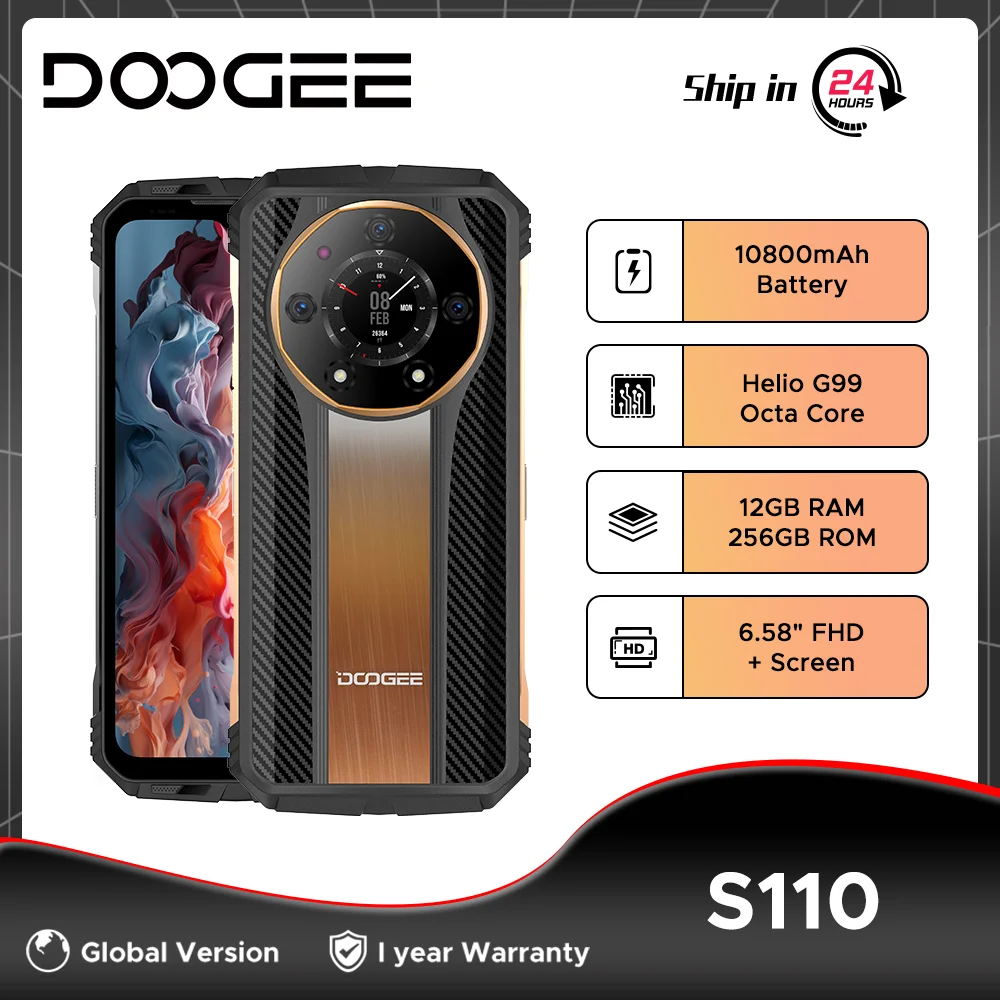 

DOOGEE S110 Rugged Phone 12GB+256GB 6.58” FHD Waterdrop Screen Helio G99 Octa Core 66W Fast Charging 10800mAh Battery Phone