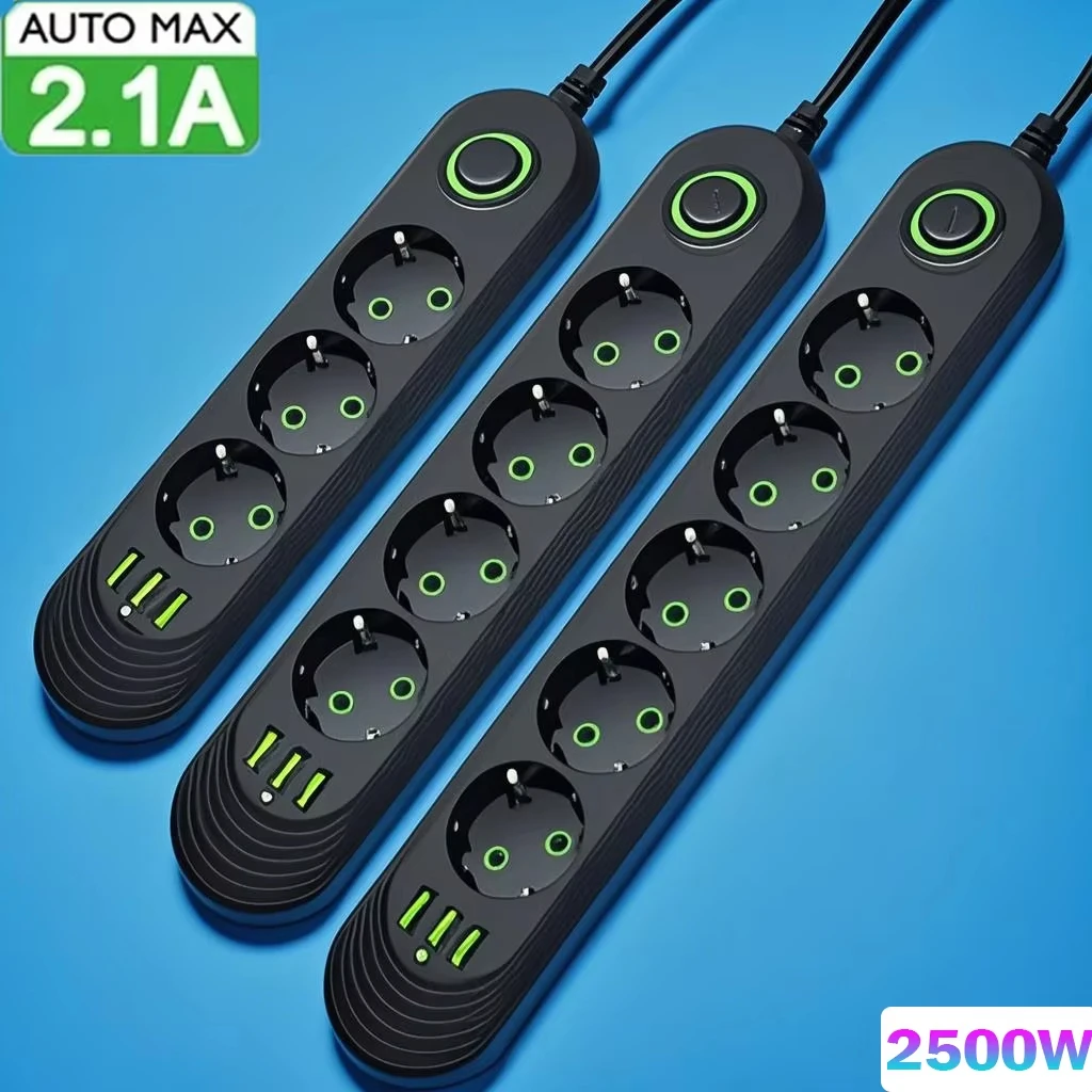 2500W EU Plug AC Outlet Multiprise Power Strip Extension Cord EU Socket Network Filter With USB Ports Charging 1pc