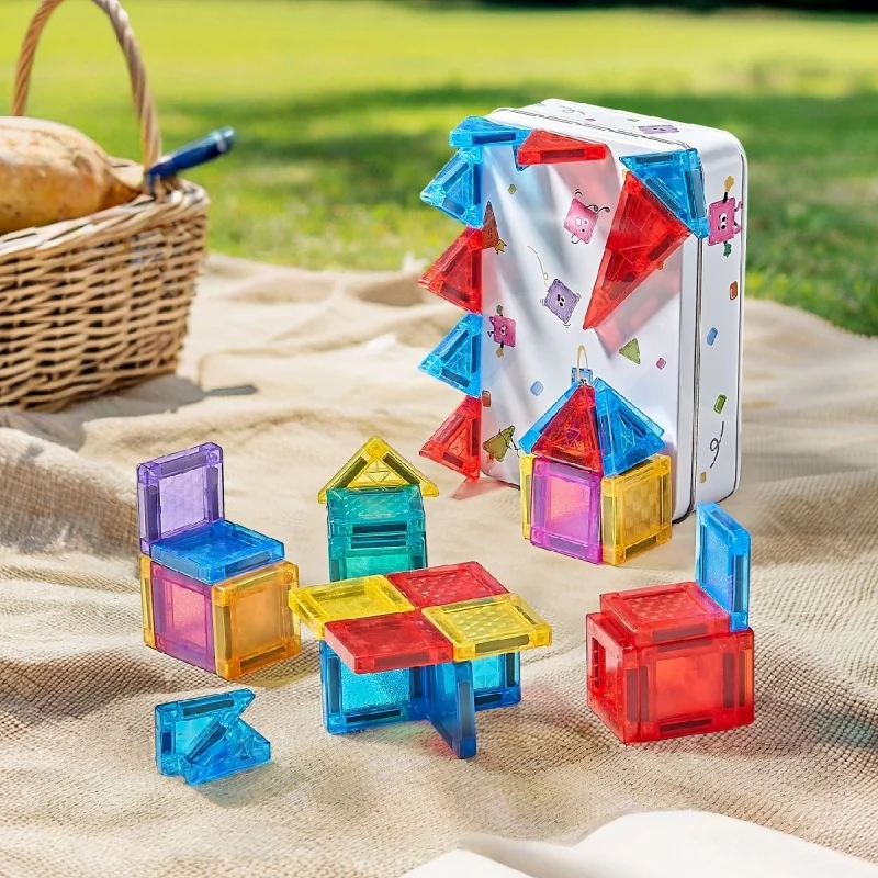 56 قطعة من البلاط المغناطيسي الصغير مجموعة ألعاب مغناطيسية محمولة للسفر مع علبة حديد للأطفال من سن 4 إلى 8 سنوات هدية لغز الدماغ المعزز للإبداع