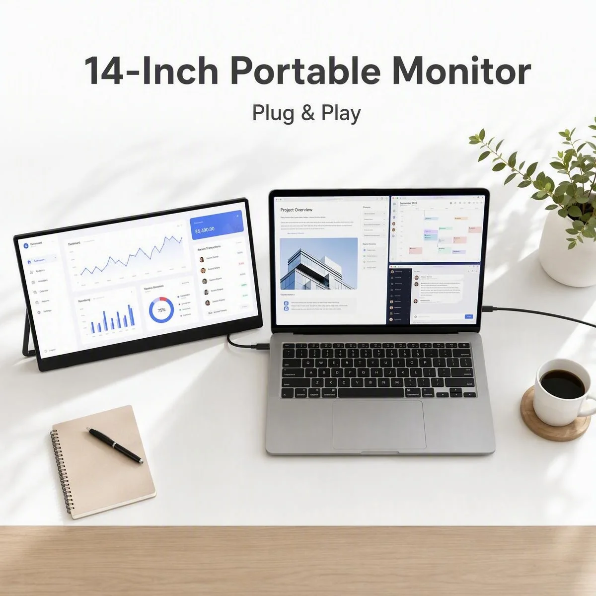 14 inch portable monitor with built-in invisible stand VESA wall mounted USB-C/HDMI dual screen expansion plug and play suitable