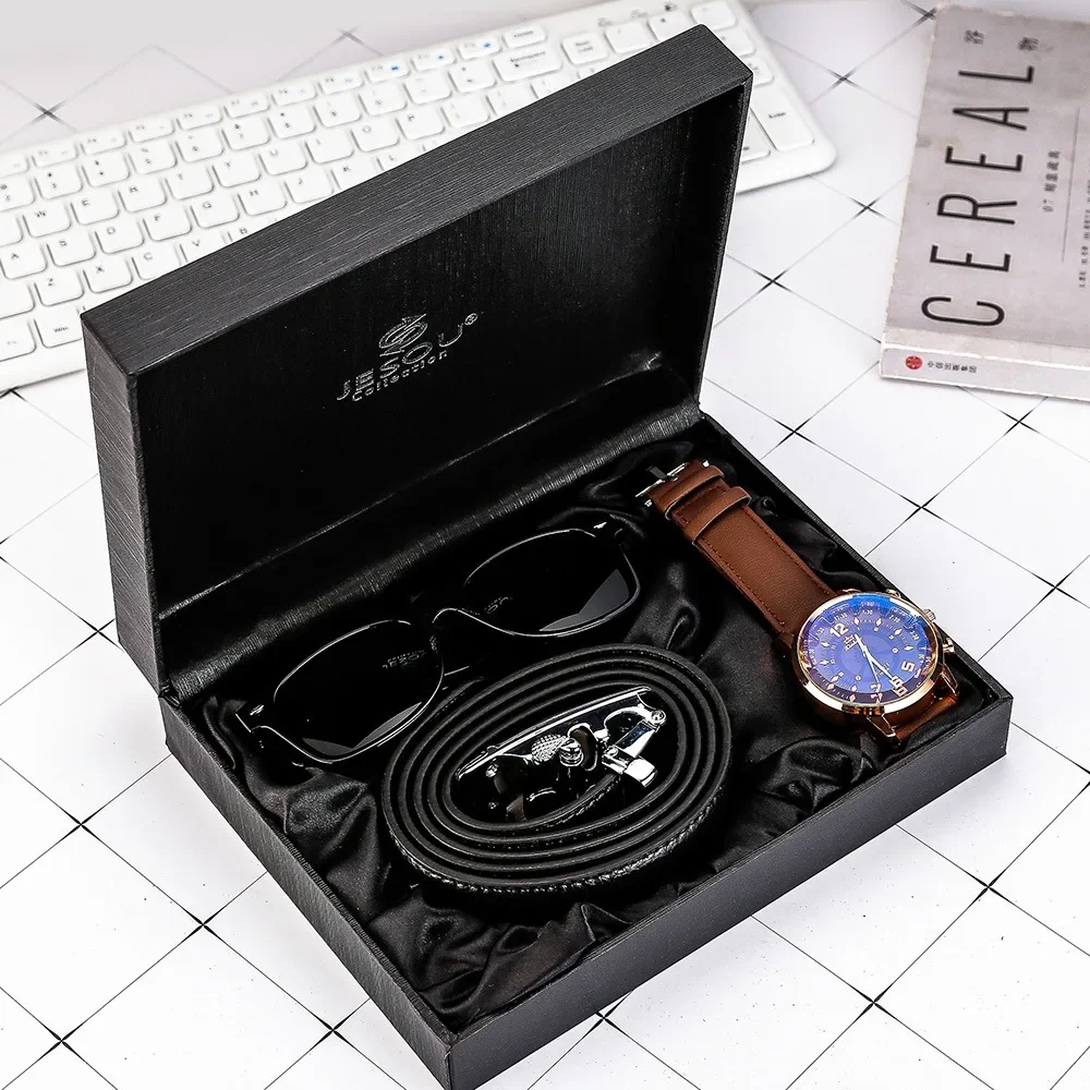 3Pcs/Set Fashion Mens Watches Set Gifts Box Luxury Watch for Men Best Gifts Mens Glasses Belt Wristwatch Set with Box Male Clock