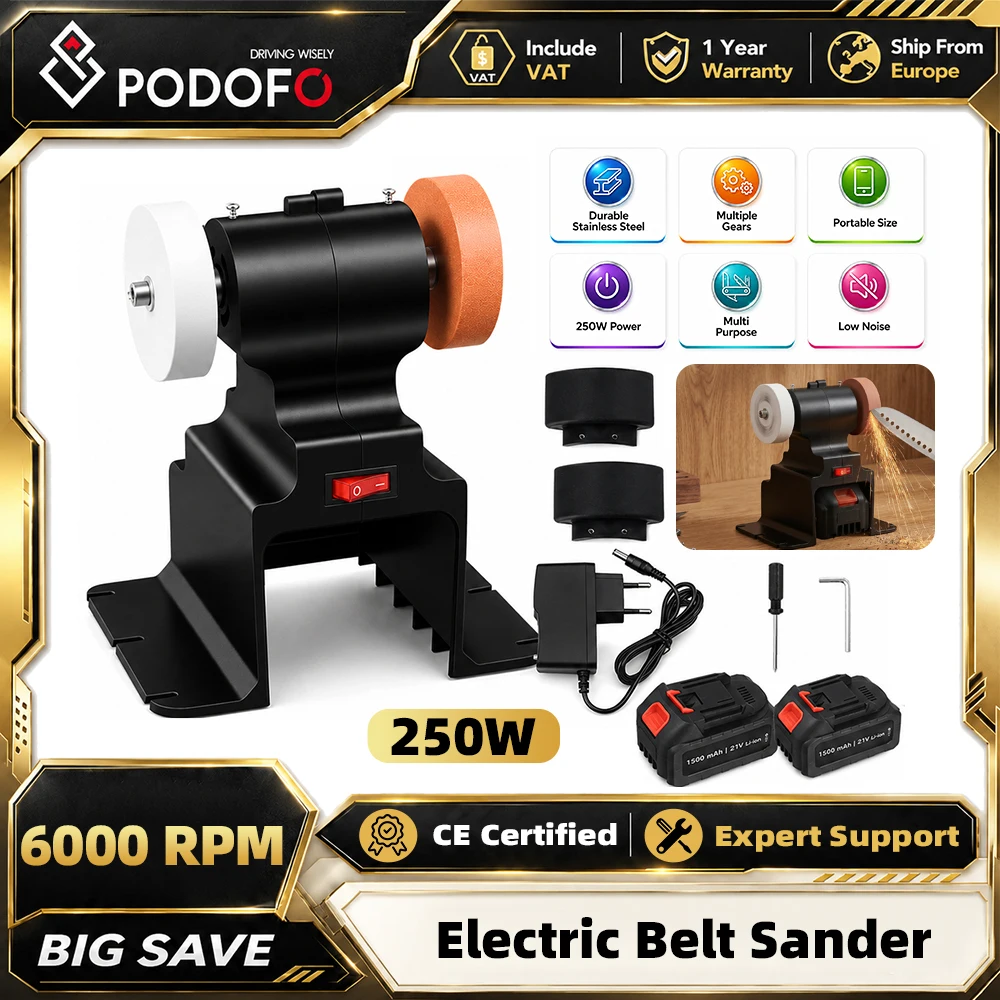 Podofo Ponceuse à bande mini sans fil 250W 6000 tr/min, meuleuse et aiguiseur de couteaux avec 2 batteries pour le polissage, le ponçage et l'artisanat sur métal et bois
