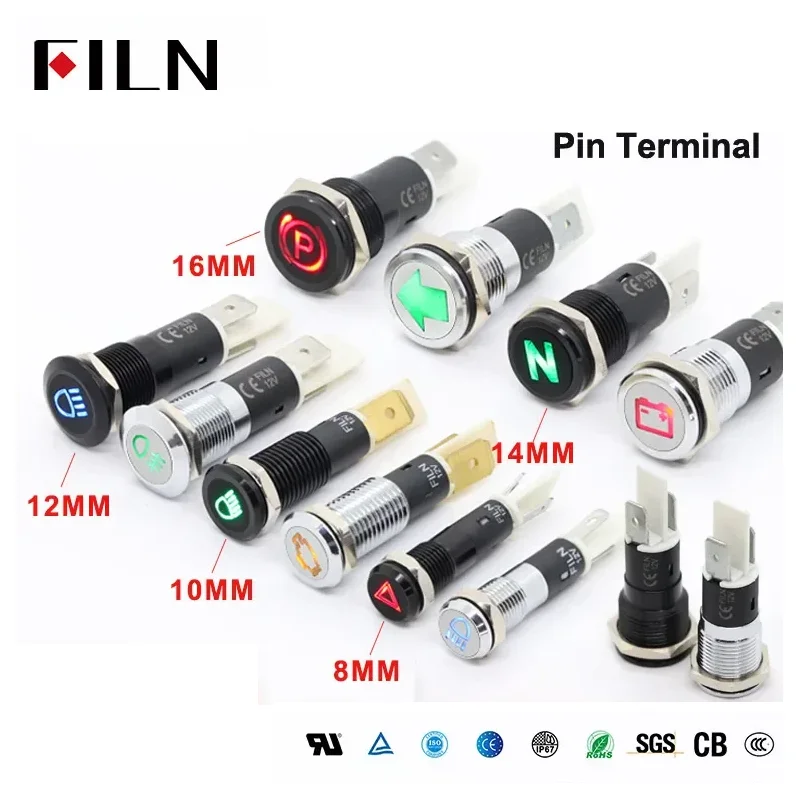 FILN 8/10/12/14/16mm Symbol Metal LED Indicator light 2-Pin 12V 24V Black shell Indicator Lamp Car Dashboard pilot Lights
