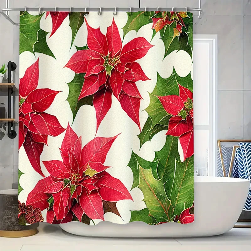 

Christmas-themed shower curtain with red poinsettias for bathroom decor waterproof fabric suitable for all seasons! #home-decor
