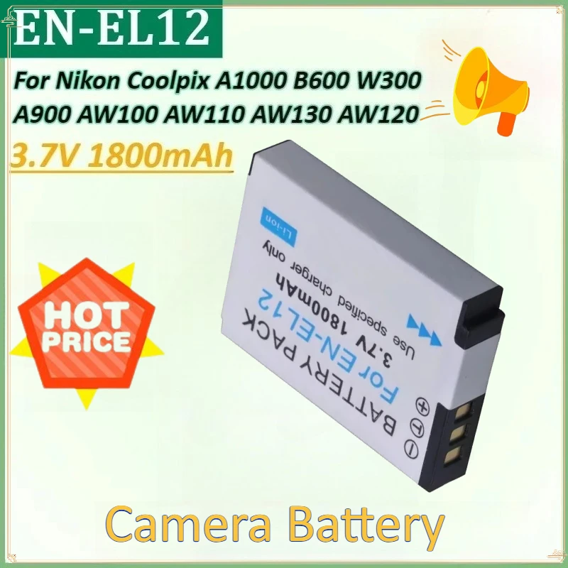 

EN-EL12 3.7V 1800mAh Camera Battery for Nikon Coolpix A1000 AW120 B600 W300 AW110 A900 AW100 AW130 S9700 S9500 S9400 S8100
