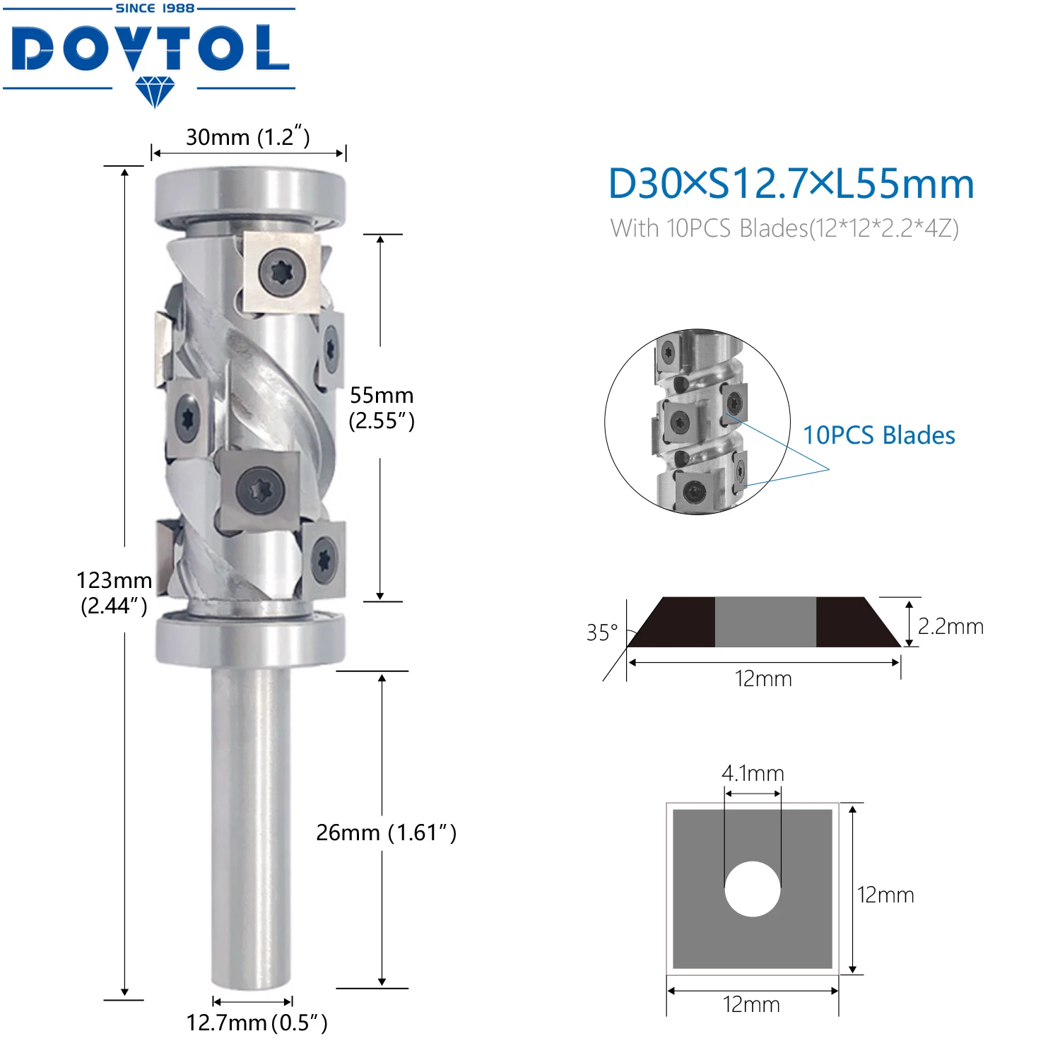 CNC Spiral Cutter Woodworking Trimming End Mill Vertical 12.7mm Shaft Flush Trim Router Bit with Replaceable Carbide Cutters