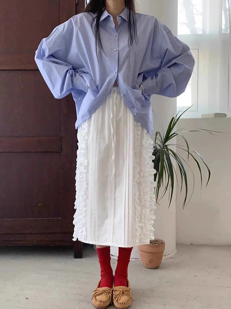 

Шикарный винтажный комплект: полосатая рубашка с длинным рукавом и юбка-полусолнце с узором под дерево, свободный крой, весенний модный женский наряд