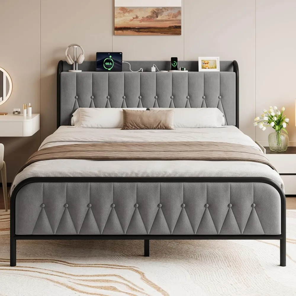 Velvet Upholstered Platform Bed with Storage Headboard, Footboard, and Charging Station, 12-Space Underbed Storage