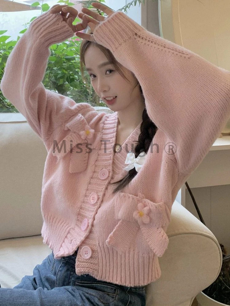 Kniited Japanese Kawaii Loose Cardigan Women Sweet Party Bow Elegant Tops Female Korean Designer Long Sleeve Solid Clothing 2023