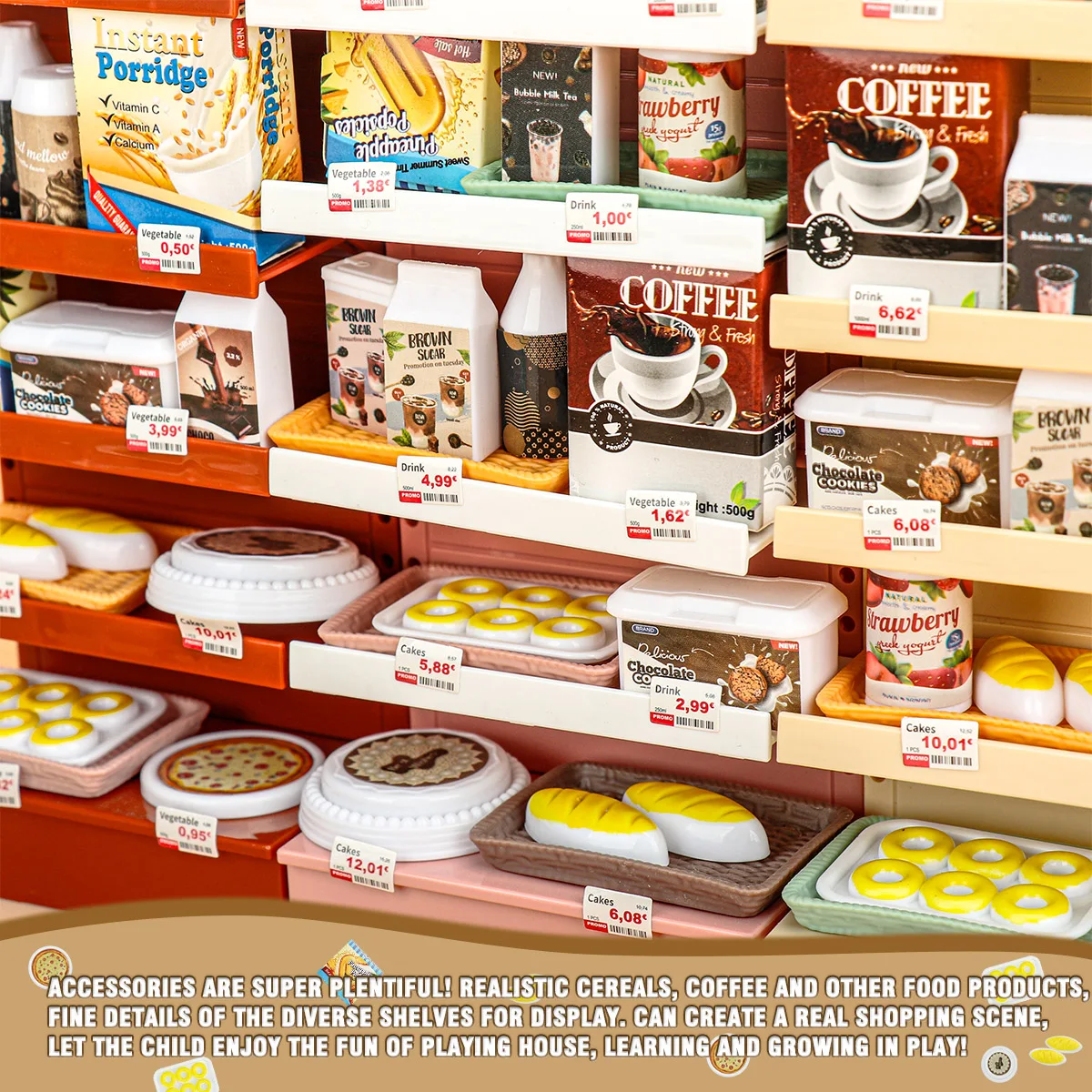 Prateleira de supermercado para crianças, brinquedos de simulação, comida em miniatura, ornamentos, casa de boneca, mini produtos aleatórios, modelo de rack de exibição de lanche