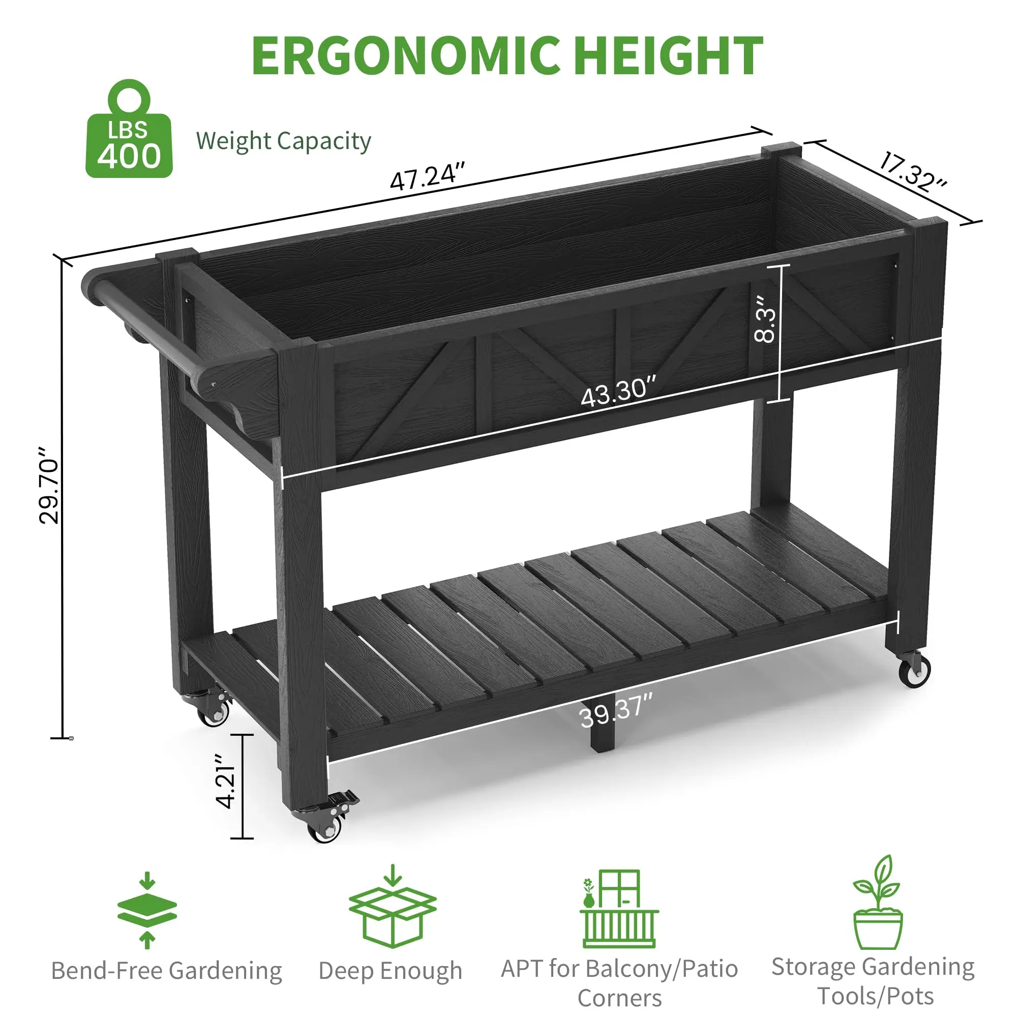 Elevated Raised Garden Bed with Wheels, 47x17x29.7in Large Planter Box