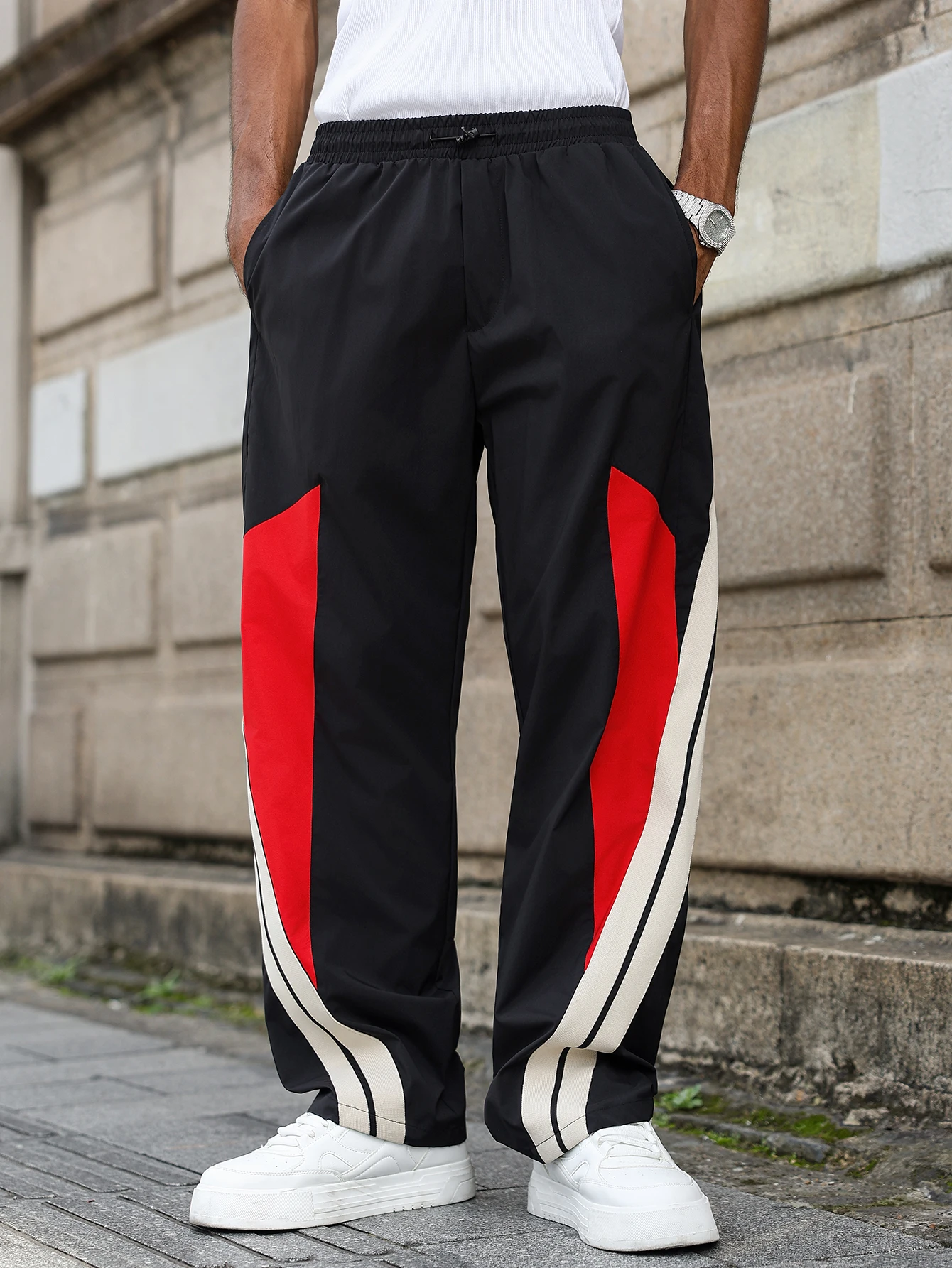 سراويل طويلة للرجال مرقعة متعددة الألوان ولمسات مخططة، ملابس رياضية كاجوال فضفاضة، مناسبة لزي الفريق والمدرسة #1