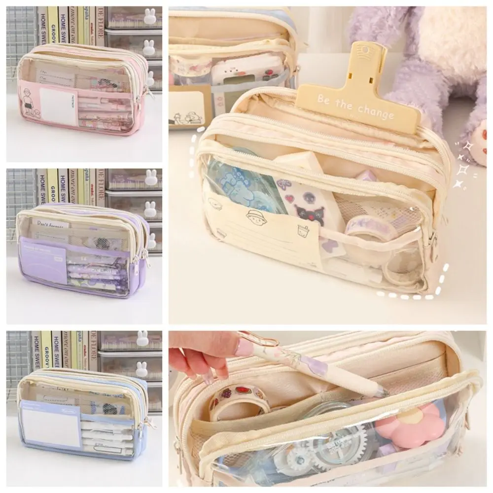 Imagem -02 - Grande Capacidade Kawaii Transparente Lápis Cases Estética Pencil Bolsa Bonito Crianças Papelaria Pen Case Estudantes Material Escolar