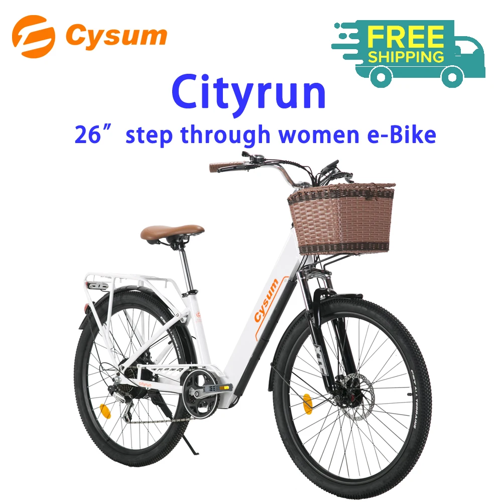 Vélo électrique de ville Cysum Cityrun 26 pouces à cadre bas |   Vélo électrique pour femmes avec panier avant |   Vélo à assistance électrique durable